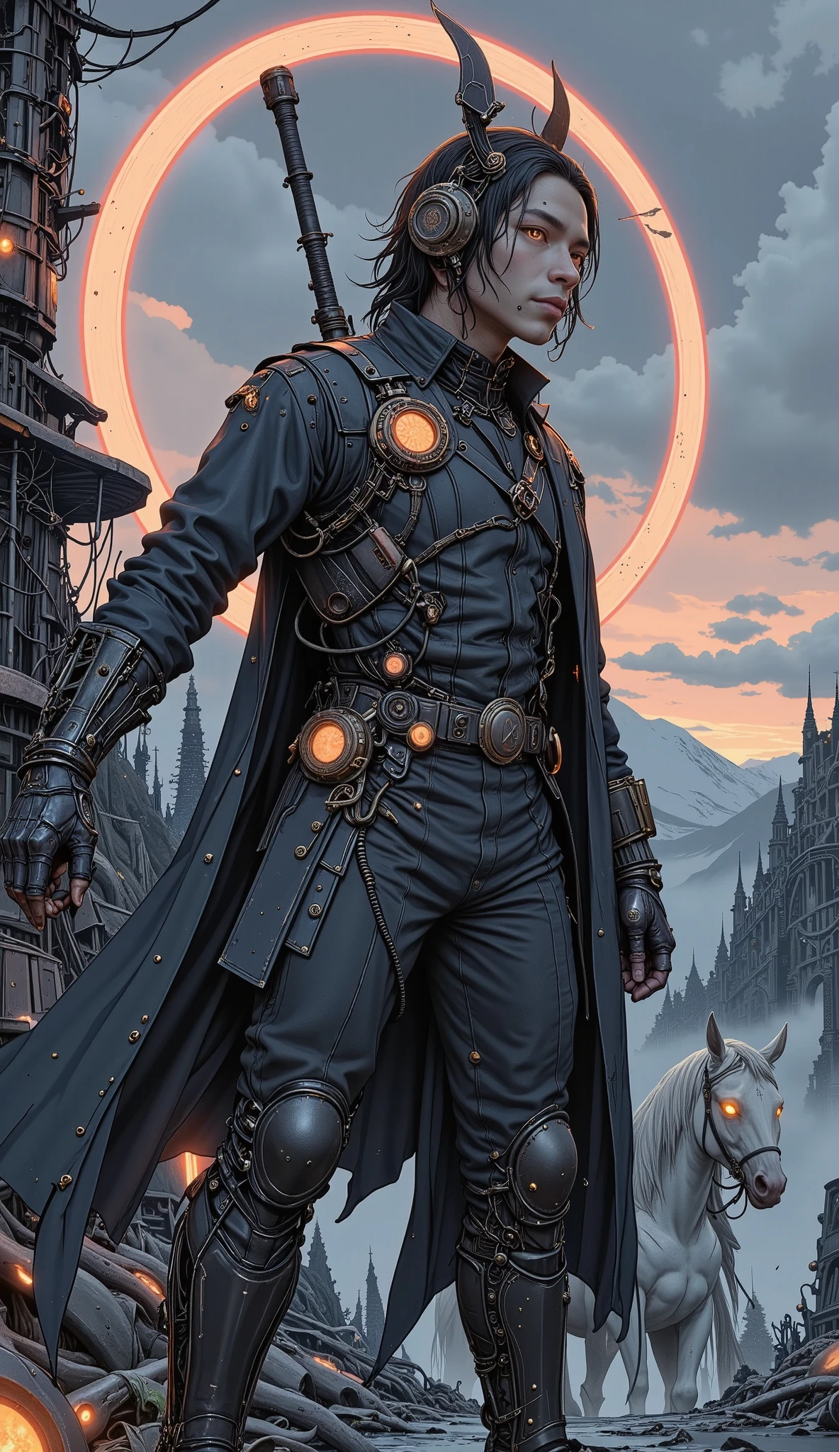 A man in a cyberpunk fantasy, detailed cyberguardian , Mechanical Wonder , Fang Tian Painting Halberd, white horse , vibrant red lighting , intricate machinery , Cybernetic enhancements, dramatic poses, cinematic setting , Hyperdetailed , photorrealist, Chiaroscuro, cinematic lighting , Fujicolor, 8K, masterpiece, U high definition, Retina, masterpiece, Precise, Anatomically correct, textured skin, super detail, tall details , high quality, awarded, the best quality, highres, 1080P, high definition, 16K, Chiaroscuro, cinematic lighting , projected shadow, dithering, U high definition, Retina, masterpiece, Precise, Anatomically correct, textured skin, super detail, tall details , high quality, awarded, the best quality, highres, 1080P, high definition, 16K