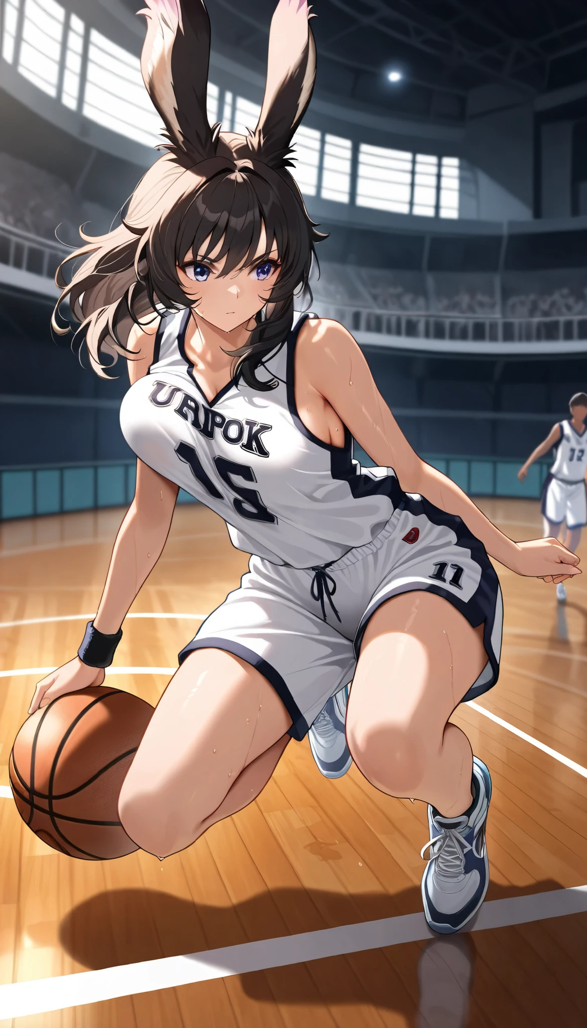 (((( Masterpiece)))), (((( TOP QUALITY)))), high resolution,fine grain, detailed face, depiction of a face expressed in great detail, Detailed Eyes 、Detailed faces、Hair drawn down to the smallest detail 、Sparkling Skin、sweat、viera, basketball player, Uniforms, , action, big uplifted breasts , full body shot , Uniformsがめくれて胸露出、 boob porori