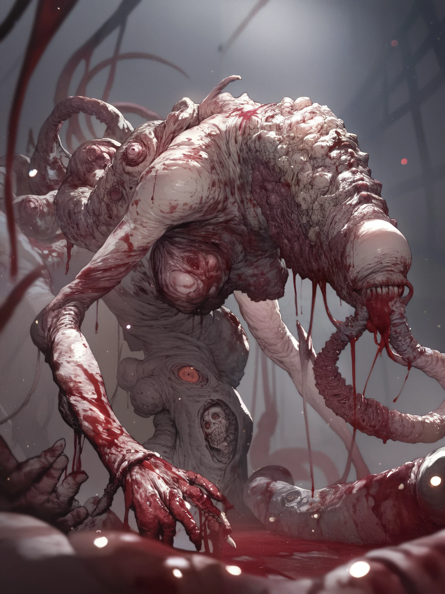 Cocoon in metamorphosis,manga, (  high quality, 4k,  ultra-detailed  ,  Realistic,  bright colors  , bokeh), (monstrous creature:1.1, dark atmosphere), worm transforming ,grotesque, humanoid,blood,horror,Painful,