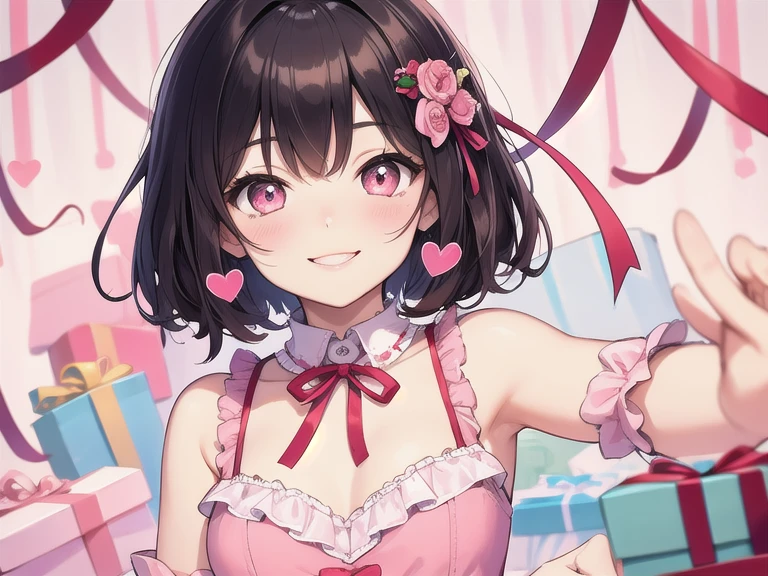 (pov Swimwear style) (beautiful body), (solo:2, 15 yo, curly:1.3 black hair long hair cute girl, cute red eyes, ecstasy smile, love mode, medium tits), (in a one piece Ruffled dress bikini swimsuit, Layered Pareo), break, in the Swimsuit changing room, background Double Exposure love hearts, BREAK, perfect anatomy, masterpiece, best quality, 16k, beautiful detailed love, sexy, daydreaming expression.