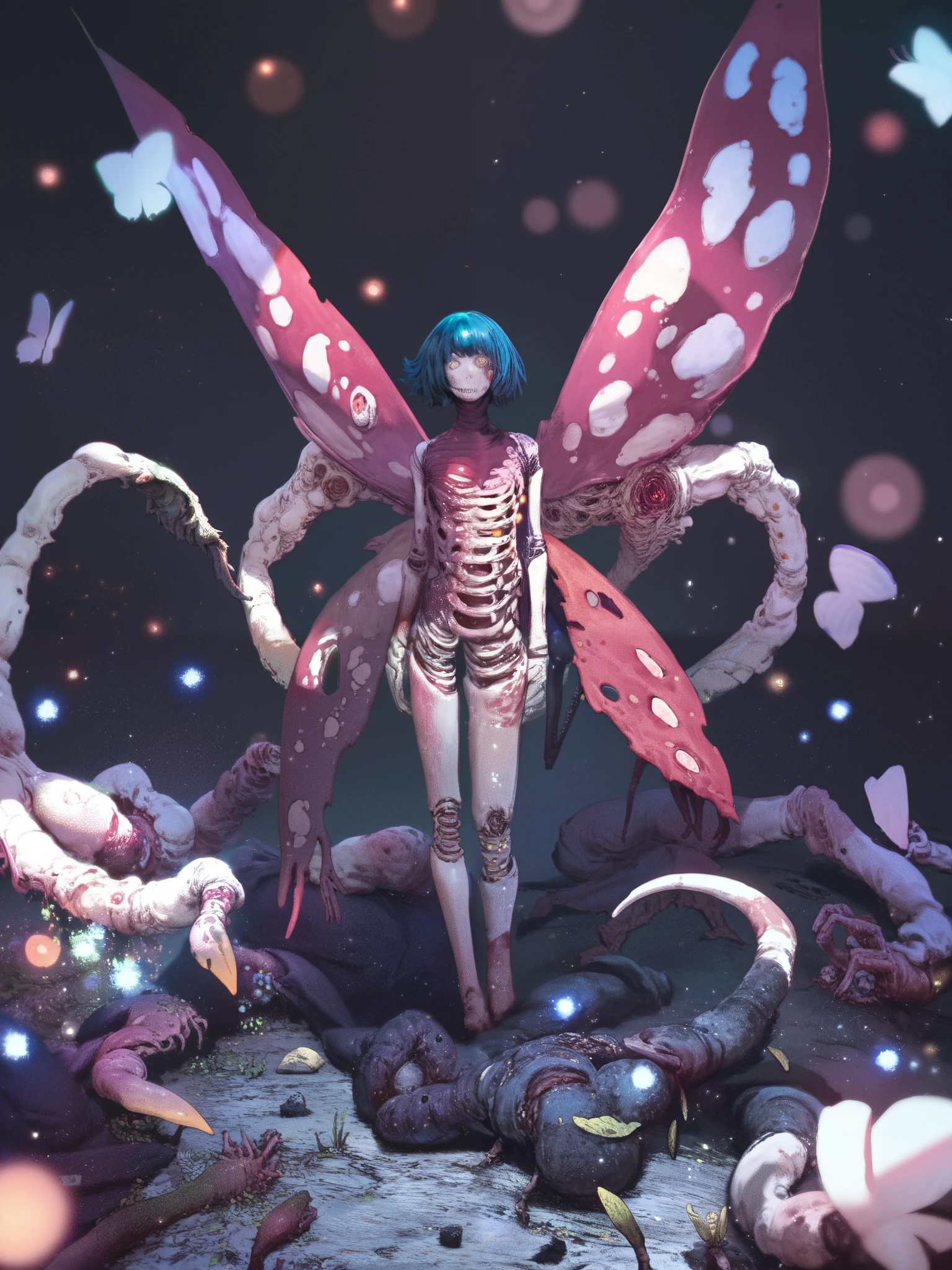 Cocoon in metamorphosis,manga, ( high quality, 4k, ultra-detailed , Realistic, bright colors , bokeh), (monstrous creature:1.1, dark atmosphere),Montruous butterfly,rotten wings