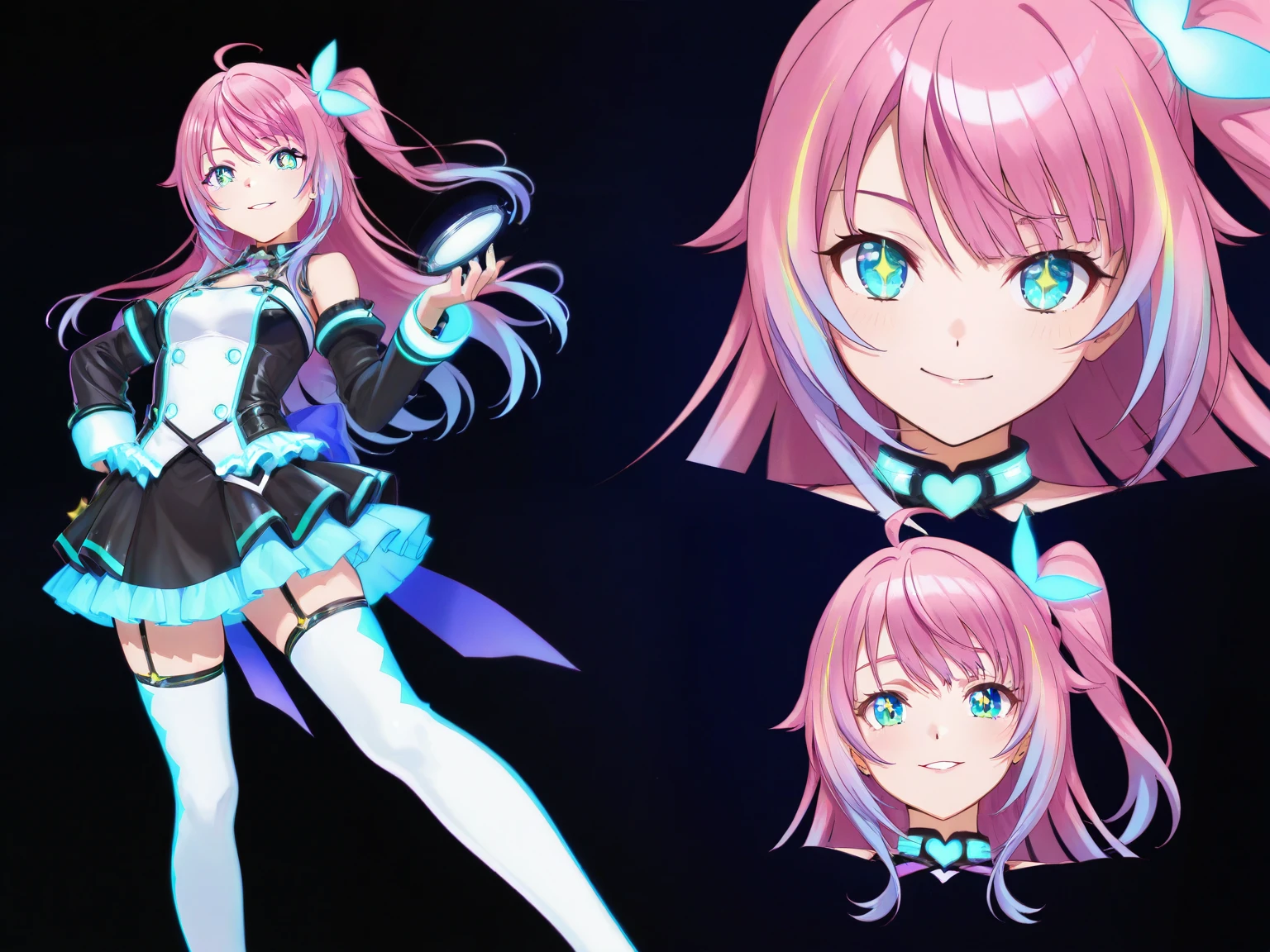 Character sheet, full-body, two close-ups, different expressions, Neo Tokyo idol, long peach glowing hair, violet sparkling eyes, bright standout clothing, purity, youth, glowing tambourine with circular audio wave, clean anime art style, vibrant, dancing.
