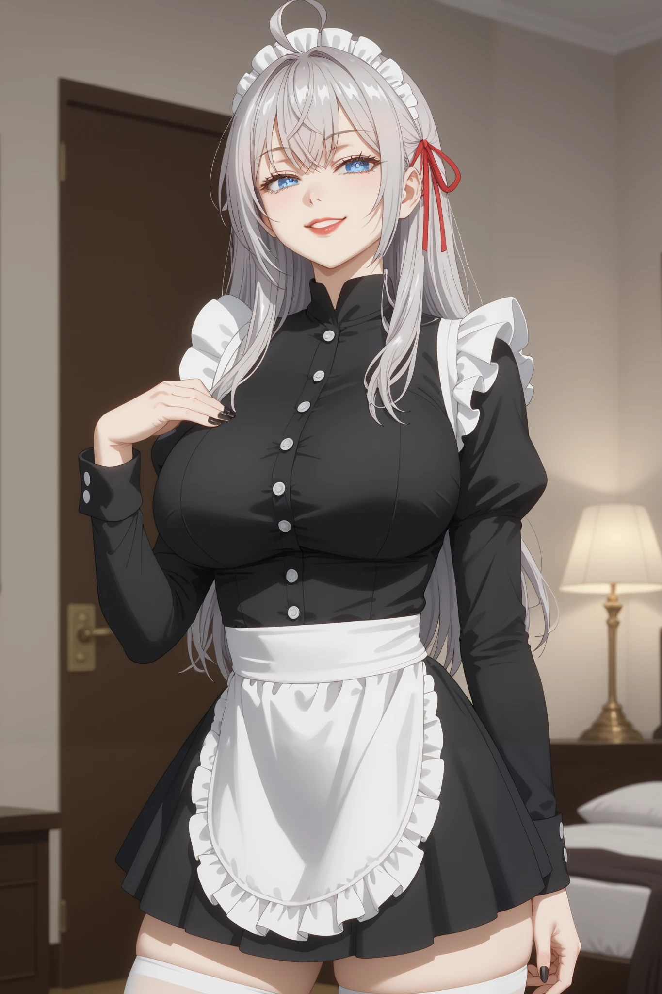 Girls, smile, red lips, fair skin, big tits, big breats, big ass, big butt, long hair, sexy body, thic body, beauty girls, maid costume, black and white maid costume colors, stocking, white stocking colors, nails, black nails colors, in bedroom background, sexy pose, ultra realistic graphic, gaze in the camera, gaze looking camera, looking camera, score_9, score_8_up, score_7_up, anime screencap, source_anime, 1girl, BREAK alisamikhailovnakujou, long hair, gray hair, ahoge, crossed bangs, blue eyes, hair ribbon, red ribbon, pale skin, AlyaSchool, buttons, long sleeves, white thighs, smug, looking at viewer, detailed close-up, extremely detailed eyes, (Beautiful and big breasts: 1.2), big breasts,