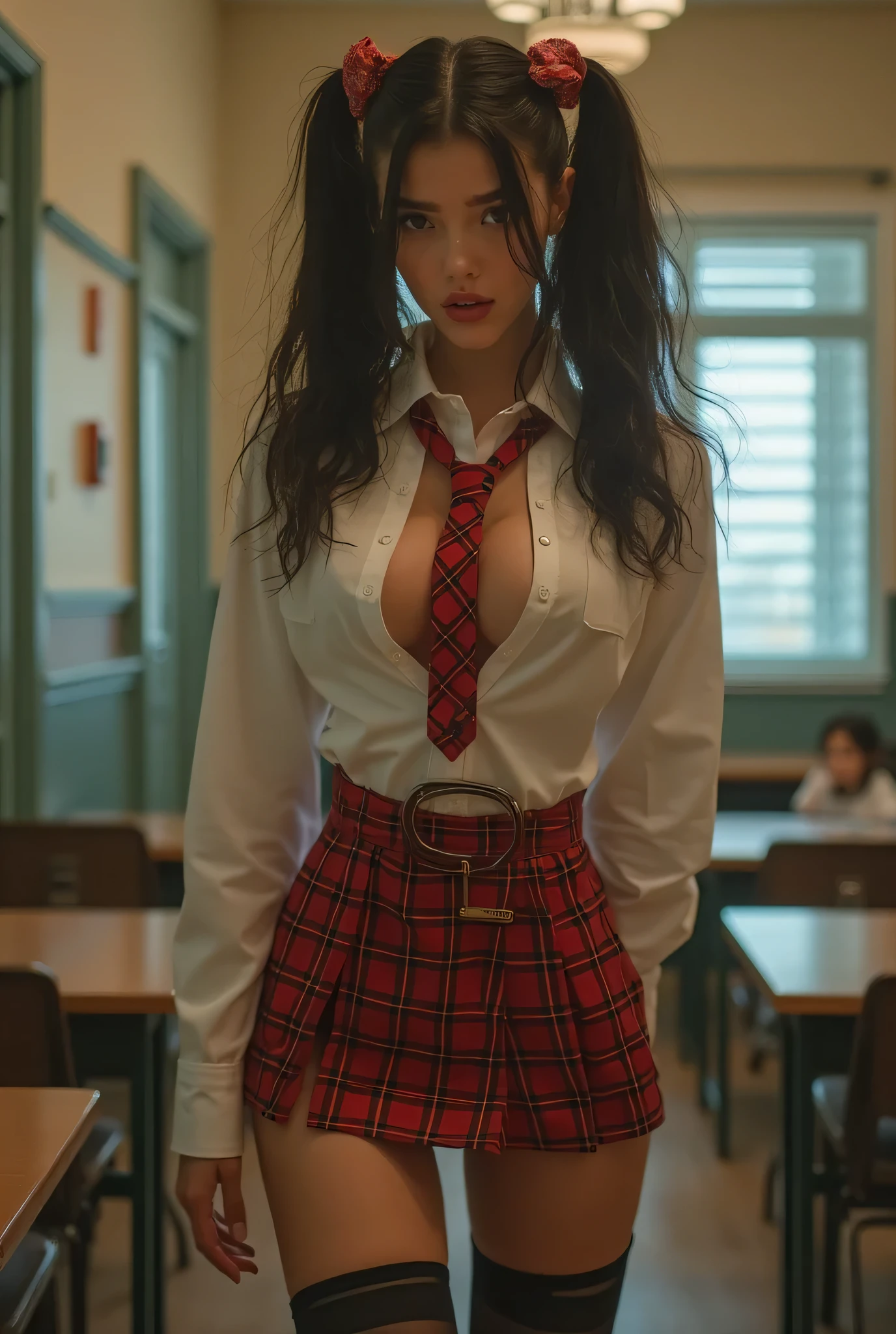 (long range:1.3), (full body:2.0), (Taylor Swift), super young girl, daddy's jailbait stepdaughter, super slutty, seductive, ((extremely huge massive breasts:1.5)), ((extremely huge long deep cleavage:1.5)), male gaze, erotic glamour photograph, (school photo), (in school),( slim waist:1.5) , bare heavily muscled belly, ultra mini skirt, plaid skirt, white shirt, beautiful lighting, school tie in her neck, eyes extremely high, two ponytails hairstyle, Lifts random split Skirt.,Long stockings, garter belt, intricate background, highly detailed background, ((very detailed)), ((Ultra realistic)), ((high resolution)), vivid colors, David Hamilton, Russell James, Amber Asaly, Sony Alpha 7 IV camera, 85mm lens, 32K UHD, ultra high resolution digital image, (smooth digital image), highly detailed, shallow DOF, Russ Meyer huge breast exploitation style, taySwift