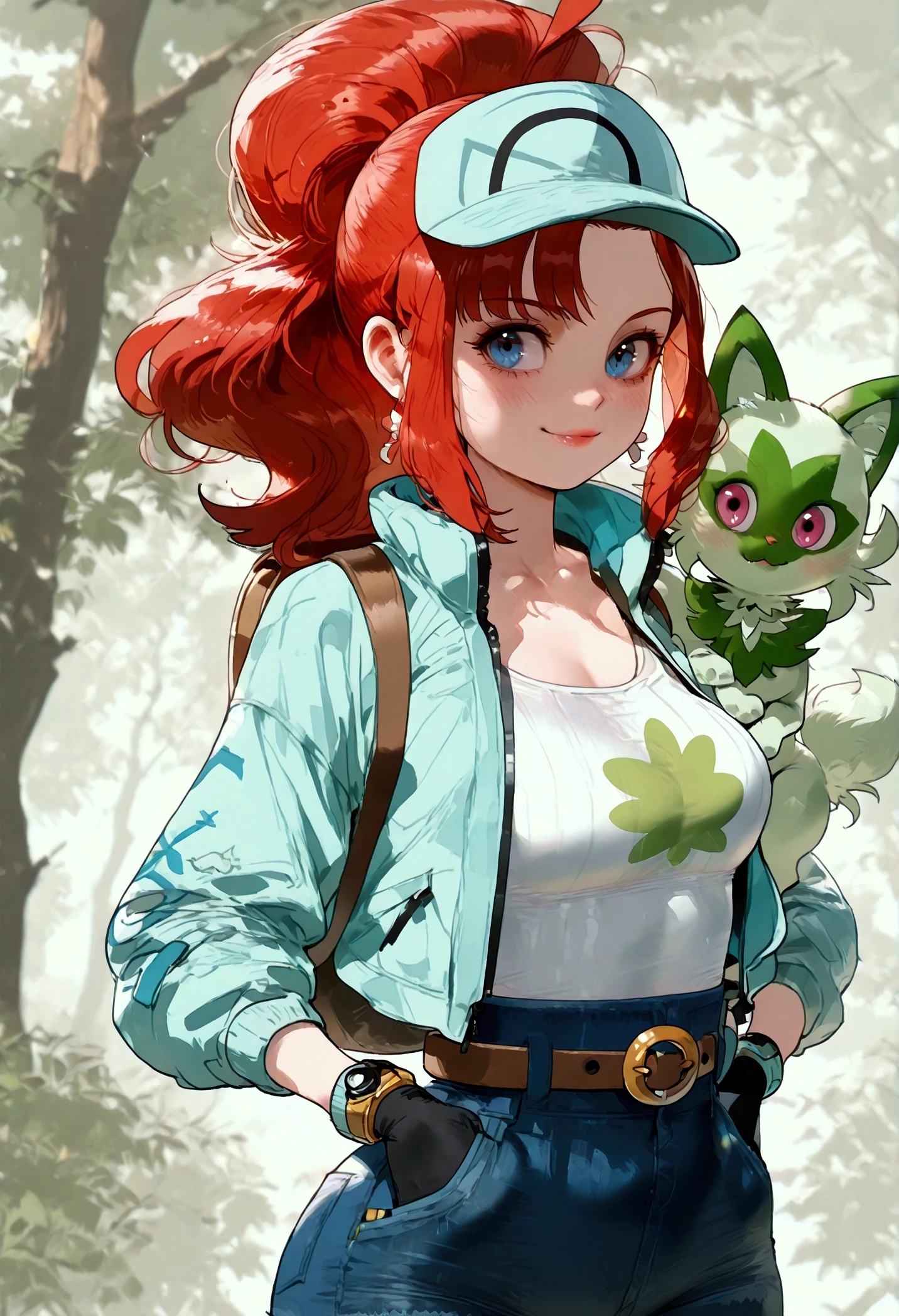 Young Pokémon trainer, medium breasts, long red hair with a big ...