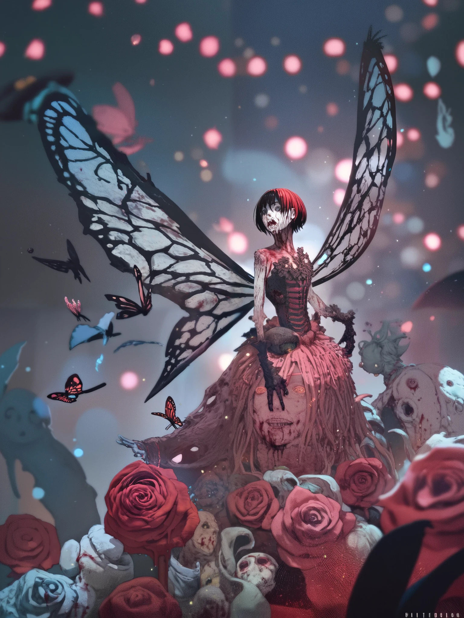 Cocoon in metamorphosis,manga, ( high quality, 4k, ultra-detailed , Realistic, bright colors , bokeh), (monstrous creature:1.1, dark atmosphere),Montruous butterfly,rotten wings,Bloody Rose, vivid colors