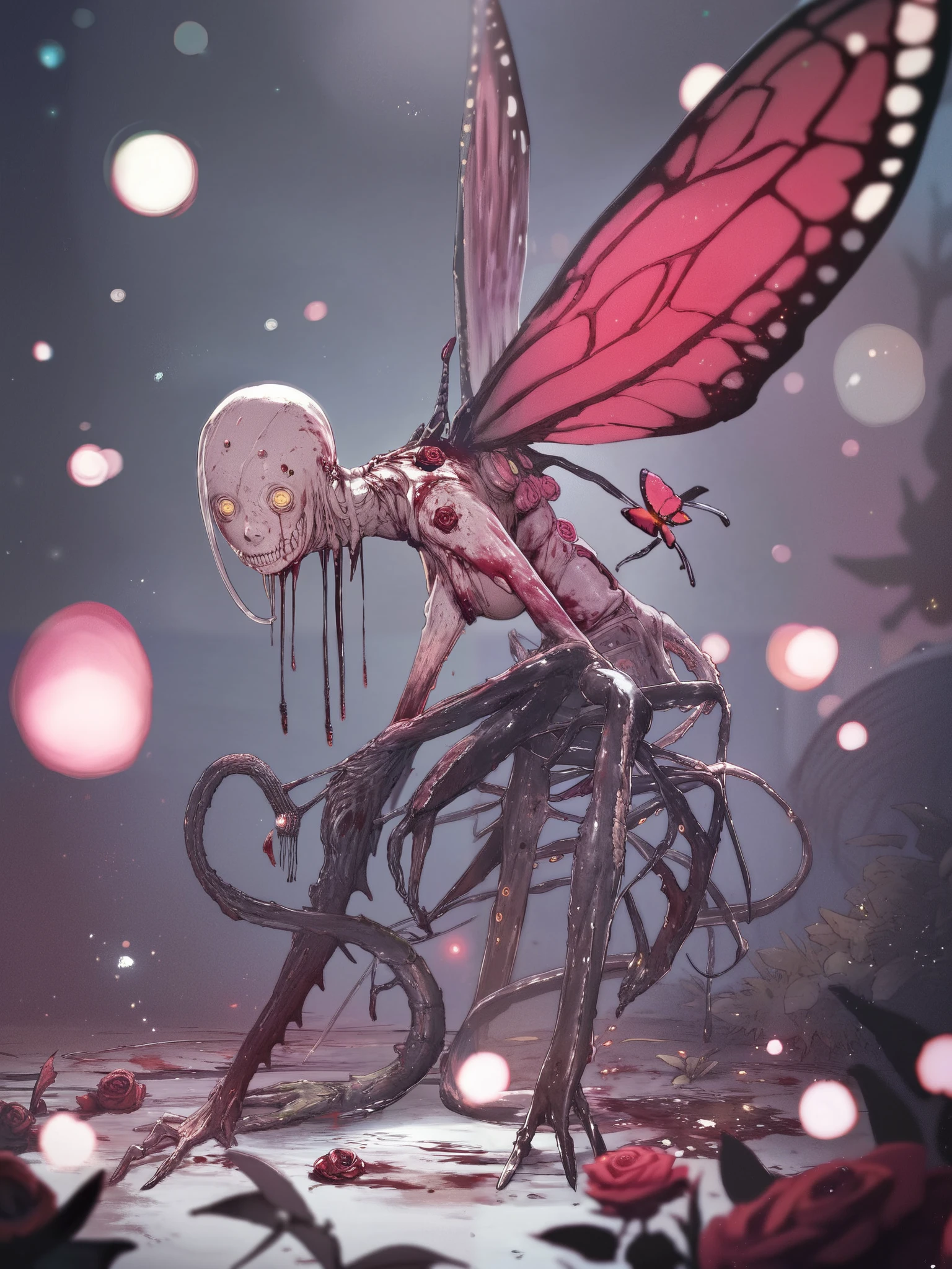 Cocoon in metamorphosis,manga, (  high quality, 4k,  ultra-detailed  ,  Realistic,  bright colors  , bokeh), (monstrous creature:1.1, dark atmosphere),Montruous butterfly,rotten wings,Bloody Rose, vivid colors