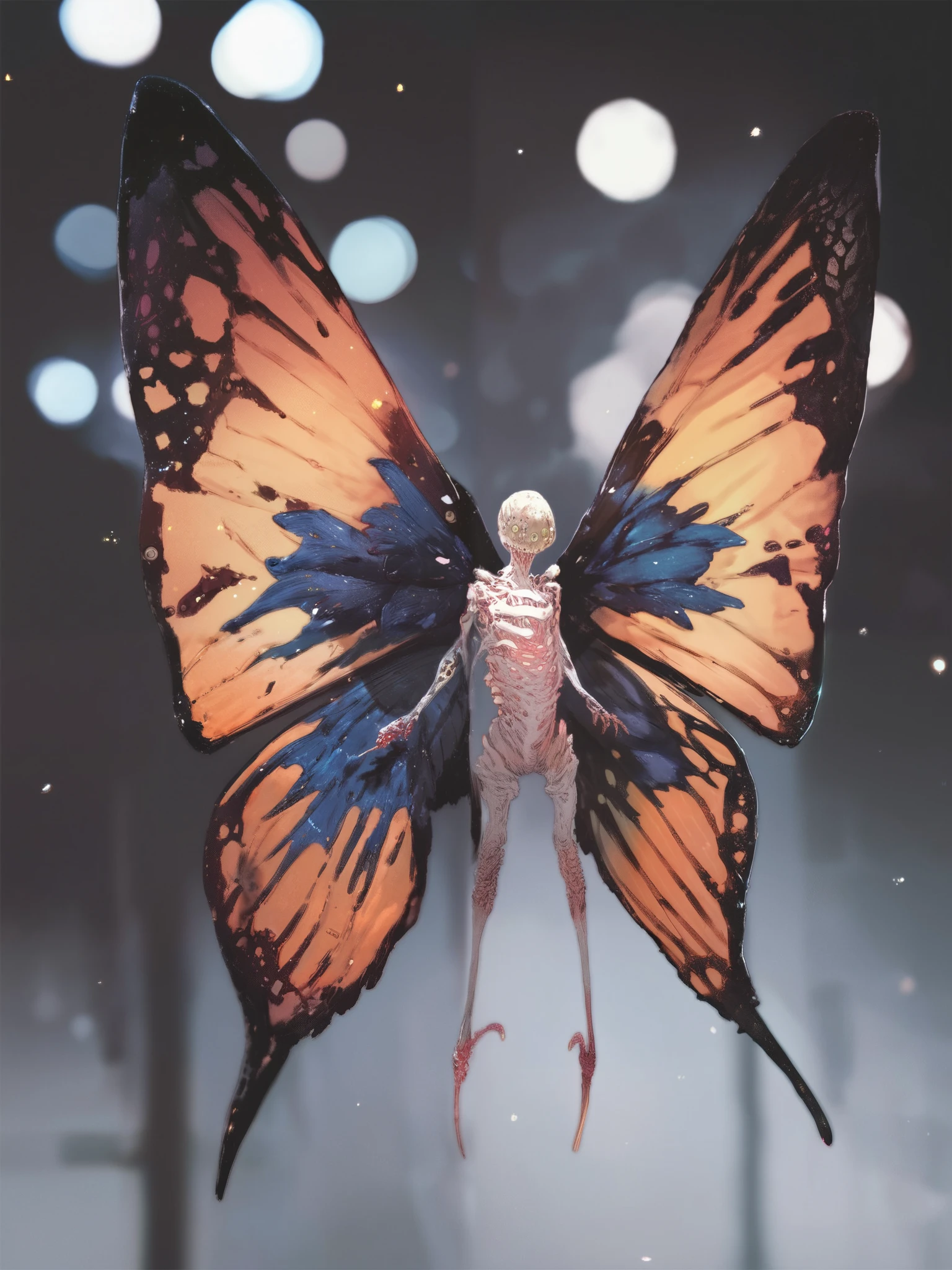 realistic detailed monster butterfly, highly detailed 4k, photo-realistic, vivid colors, bokeh, monstrous creature, dark atmosphere, decaying wings, manga style