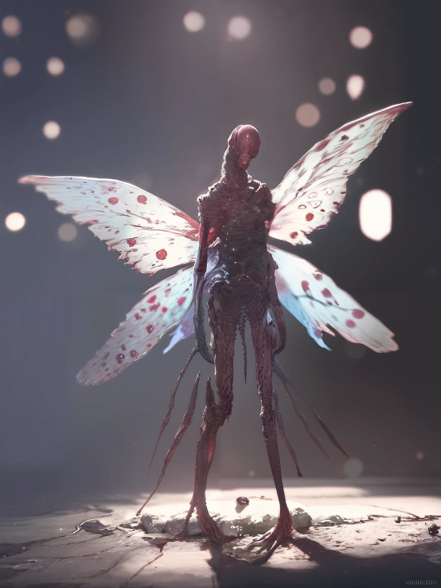 realistic detailed monster butterfly, highly detailed 4k, photo-realistic, vivid colors, bokeh, monstrous creature, dark atmosphere, decaying wings, manga style
