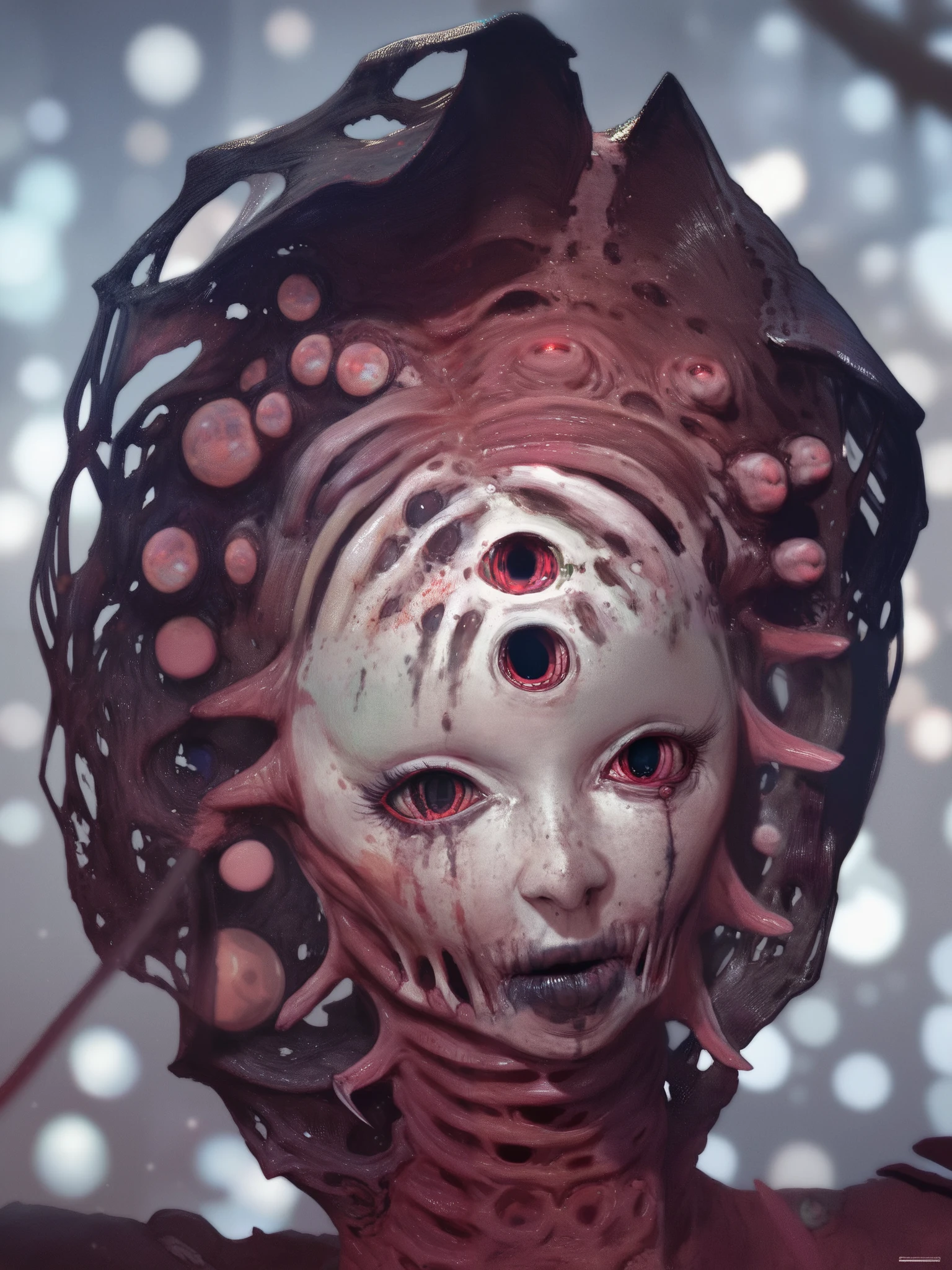 a dark humanoid monstrous creature, a worm transforming into a grotesque metamorphosis, beautiful detailed eyes, beautiful detailed lips, extremely detailed eyes and face, long eyelashes, 1 girl, digital illustration, 4k, ultra-detailed, realistic, vivid colors, bokeh, best quality, masterpiece, dark atmosphere, horror