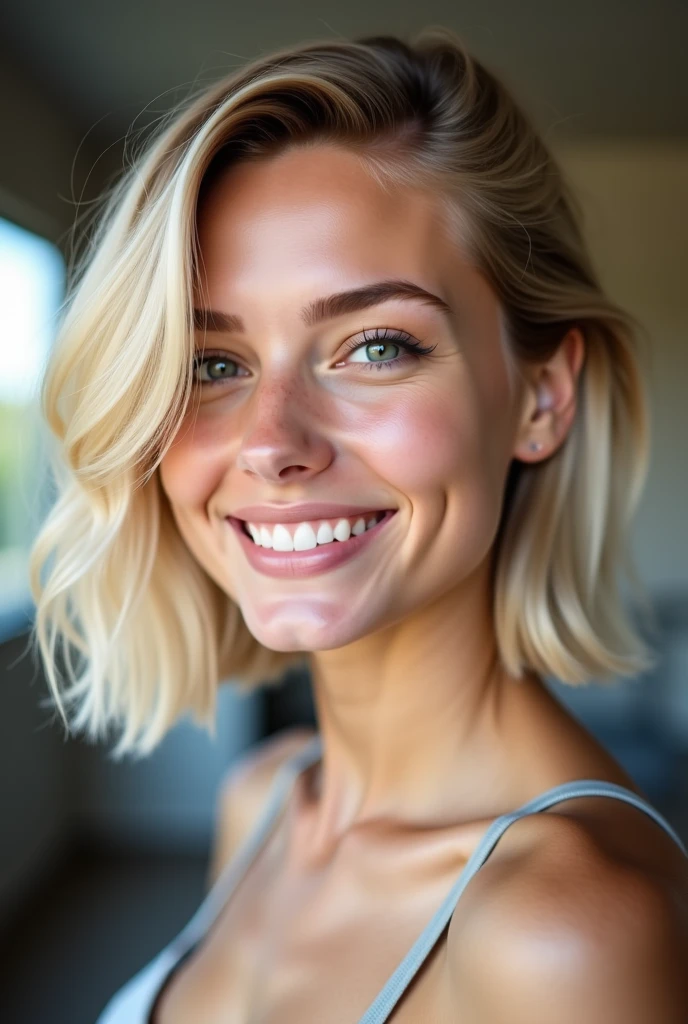 woman, short blonde hair, beautiful, blue eyes, freckles, skin texture, smiling, sitting in a cafe, super realistic::2 --s 1000