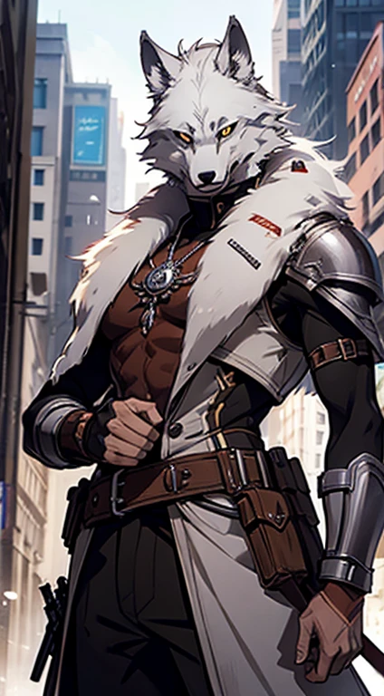 Male with light beard, flowing white hair, has wolf ears, has wolf tail, shirtless, happy, playful, in cyberpunk outfit, has blue eyes