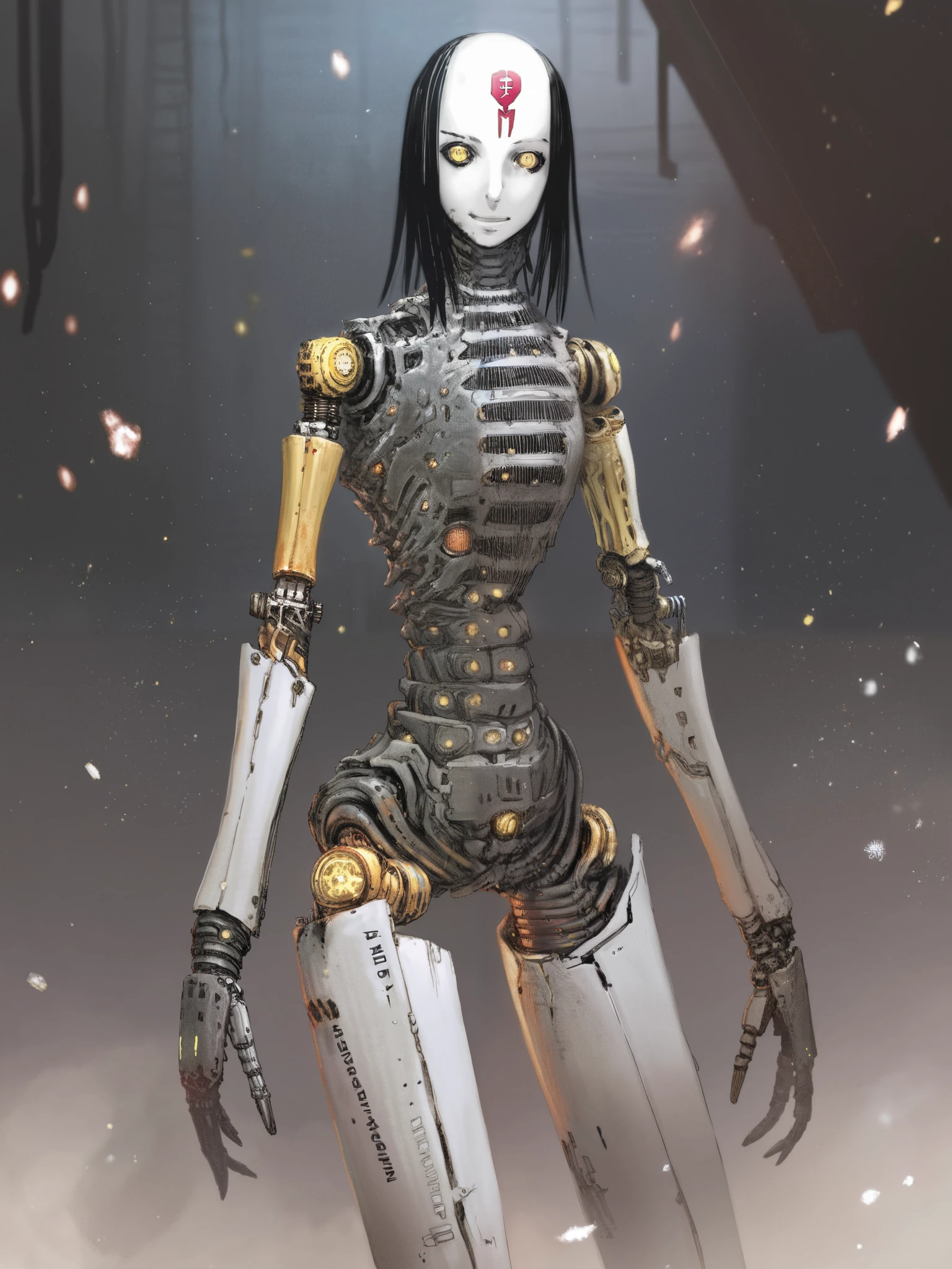 Blame style,manga, ( high quality, 4k, ultra-detailed , Realistic, bright colors , bokeh), Heavens, deep darkness , highly detailed, play of light and shadow , Particles , humanoid robot,ciborg,biocyborg ,artist:, masterpiece, the best quality, latest , Very far, absurdities, highres, , 1 girl, sanakan, Soft smile, cyborg, black hair, yellow eyes, forehead tattoo , mechanical joints , looking into the Viewer, futuristic face , factory, detailed,