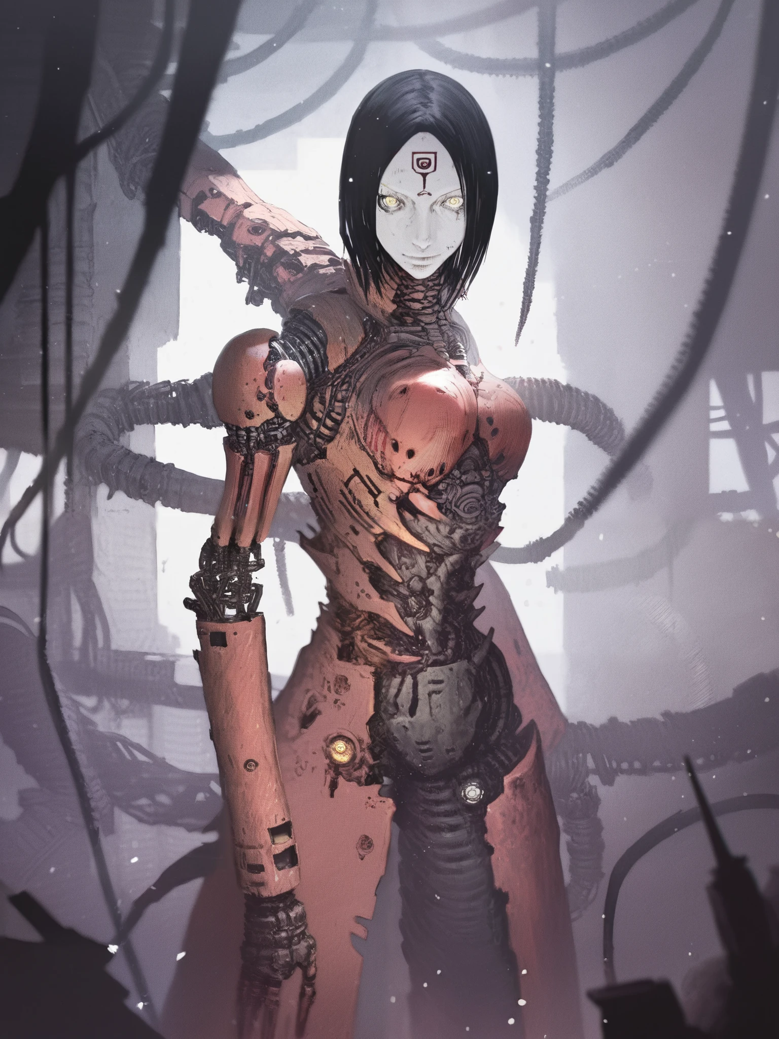 Blame style,manga, ( high quality, 4k, ultra-detailed , Realistic, bright colors , bokeh), Heavens, deep darkness , highly detailed, play of light and shadow , Particles , humanoid robot,ciborg,biocyborg ,artist:, masterpiece, the best quality, latest , Very far, absurdities, highres, , 1 girl, sanakan, Soft smile, cyborg, black hair, yellow eyes, forehead tattoo , mechanical joints , Looking at the Viewer, futuristic face , factory, detailed,