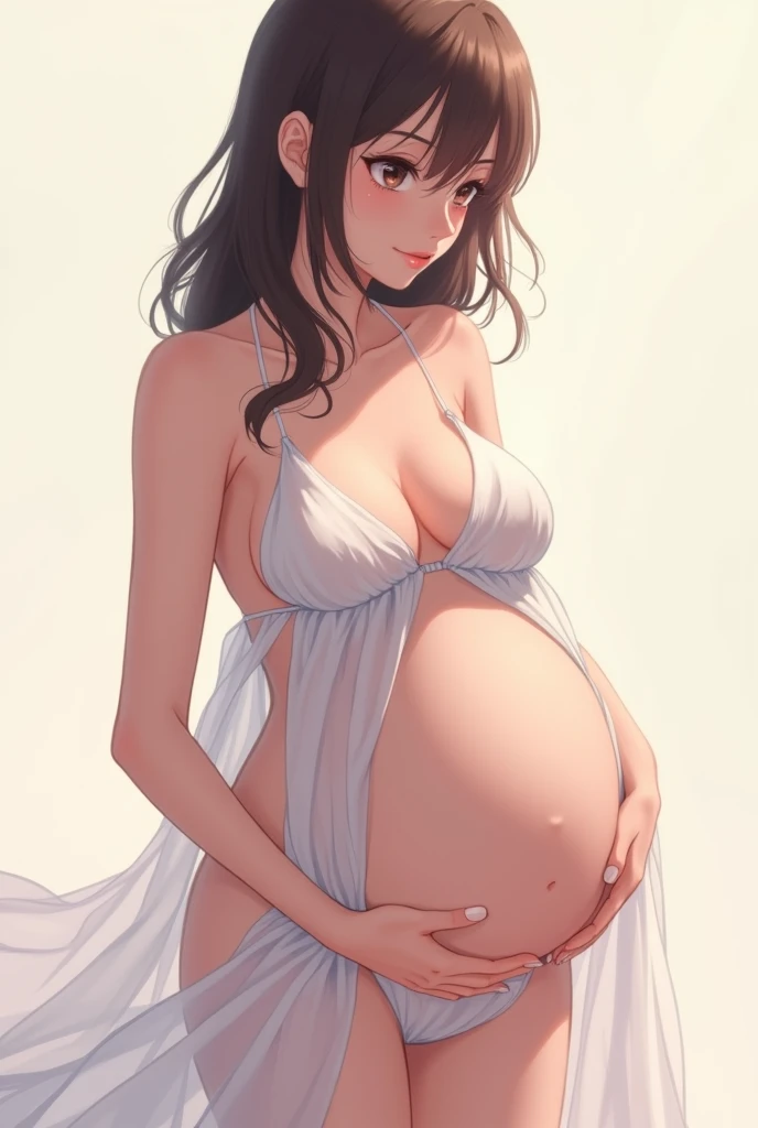 Japanese female anime character pregnant with naked twins and her belly is bulging