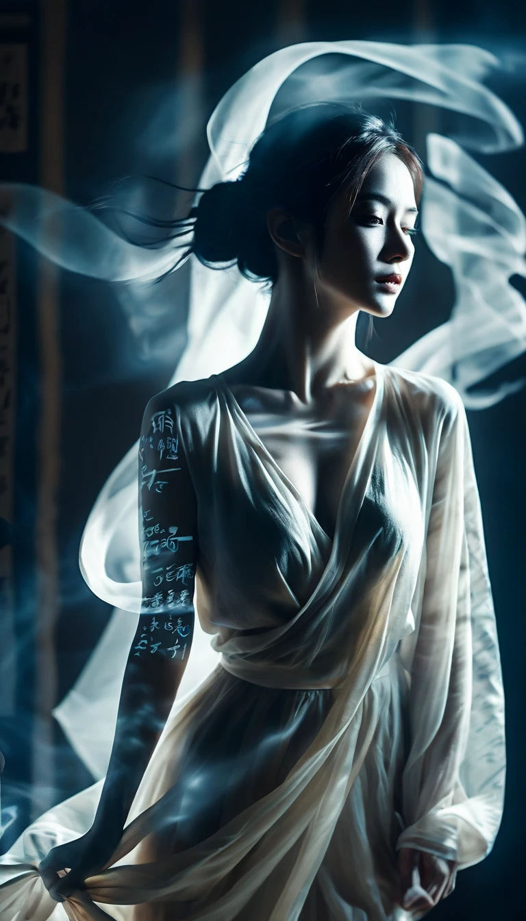 Double Exposure Style,Volumetric Lighting,a girl (Supermodel) with Wrap top,arching her back, beautiful tattoo, Traditional Attire,Artistic Calligraphy and Ink,light depth,dramatic atmospheric lighting,Volumetric Lighting,double image ghost effect,image combination,double exposure style,