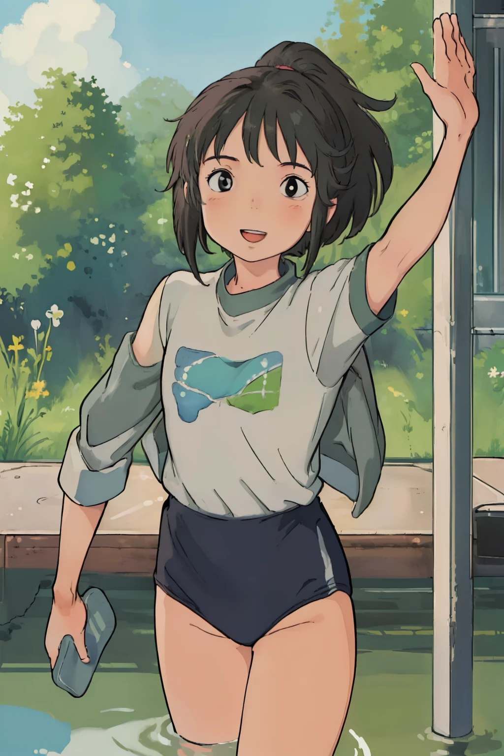 (masterpiece:1.4), (best qualit:1.4), (high resolution:1.4), ogino chihiro, smile, ponytail, long arm shirt, barefoot, railroad tracks, balancing, outstretched arms, water ,colorful, high contrast、wearing a Black gymnastics bloomers, High leg、white blouse, cowboy shot、