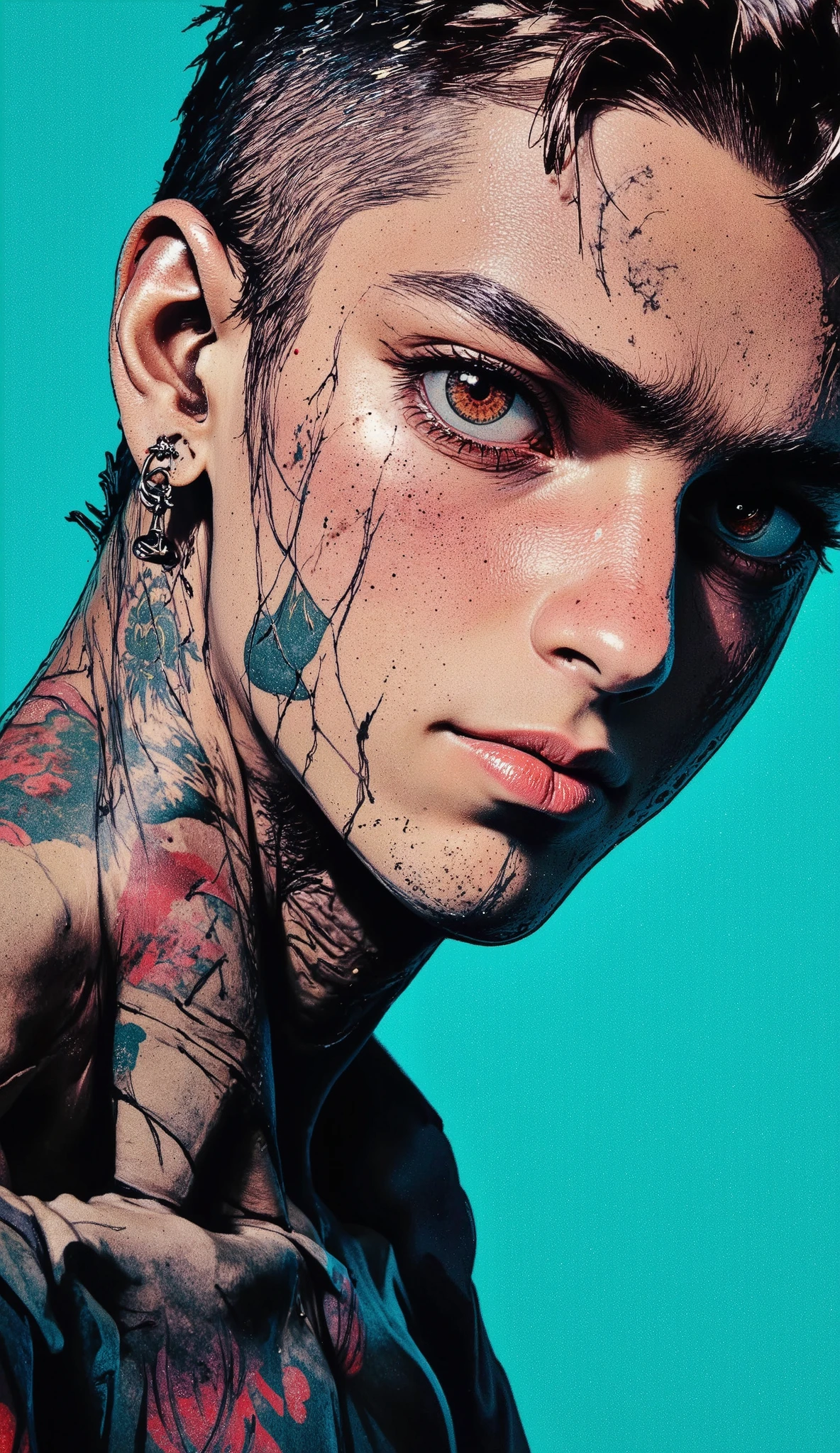 Sexy man, beautiful features, demonic eyes, wide smile, (muscle body) cole sprouse face ((scars on his chest)), tattoos on his arms, sadomasoquist background, dominant aura, ethereal, black nails, ((green eyes)), epic realism, (((solo))), 8k, hyperrealism, perfect body