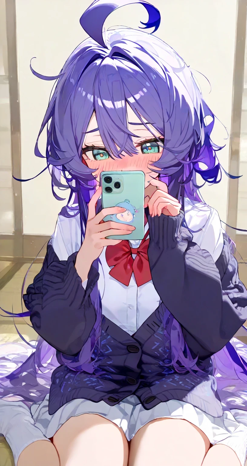 Anime girl with purple hair and blue eyes holding a cell phone - SeaArt AI