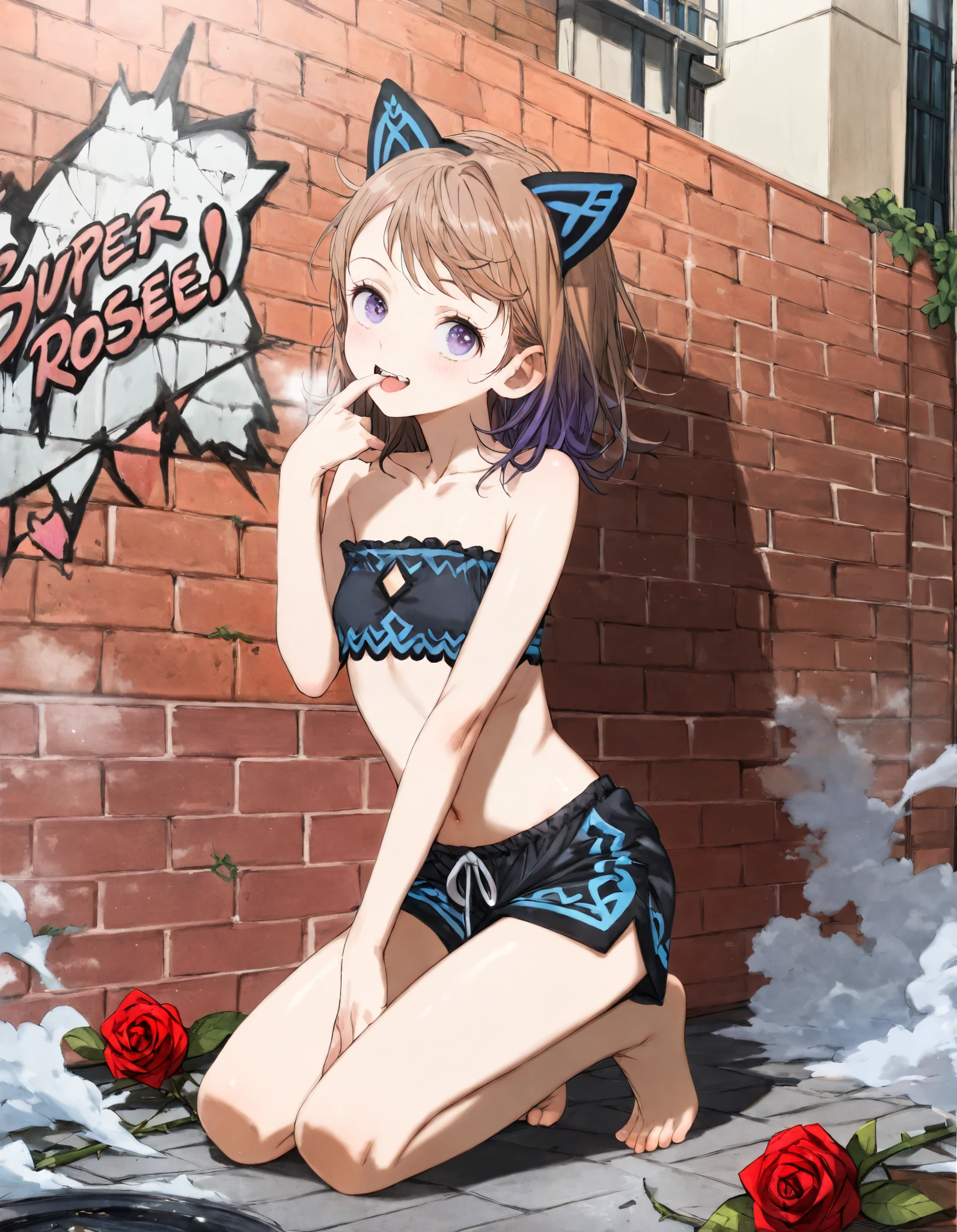 ((toi8 style)), ((Masterpiece)), ((best quality)), (8K), (detailed background:1.2), (super detail:1.2),(High Definition:1.3), (Professional Photography:1.2), (very aesthetic:1.2), (absurdres:1.2), (sharp focus), ((1girl)), profile, ((cute young girl)), Textured skin, (full body), messy medium hair, Beautiful collarbone, ((Embroidered Tribal black tubetop)), strapless, (bare arms), cute navel, (Tribal boxer shorts), (Healthy Gaunt body), (loose swept bangs), gradient hair, (naughty smile), open mouth, (pale purple eyes, gradient eyes, upturned eyes), (Cat ears), (Pale brown hair), Beautiful face, (small breast), BREAK, kneeling on the lonely street corner, (against the Brick wall with roses), (finger in own mouth), (Wall with graffiti art of roses), dust in the air, (fog effect), smoke effect,