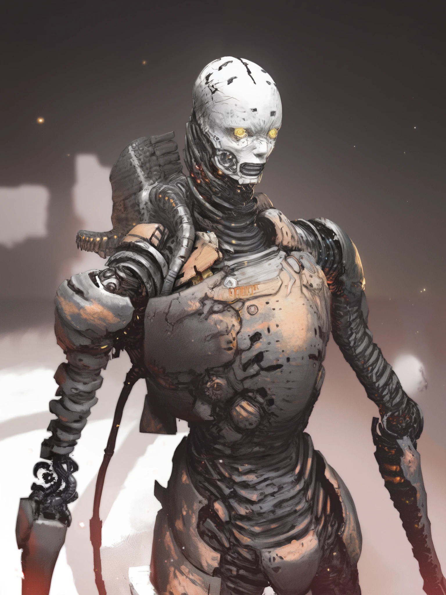 Blame style,manga, ( high quality, 4k, ultra-detailed , Realistic, bright colors , bokeh), Heavens, deep darkness , highly detailed, play of light and shadow , Particles , humanoid robot,ciborg,biocyborg ,1 Cyborg , dark, rangy, with an upright and threatening posture , covered in black armor and dark metal , futuristic combat suit , many details with a mix of advanced technology with biomechanical elements , face and head to skin very pale white and cracked with marked veins , scars marked on his face , leaving only his eyes and part of his forehead exposed , His eyes cut like a snake , dark and penetrating , adding a sense of danger and mystery , The character is covered with cables and mechanical components , especially on his arms and torso , The cables hang and are entangled around his body , giving an impression of technological and biomechanical complexity , there are articulated metal segments and technological pieces that look like part of an armor or exoskeleton,