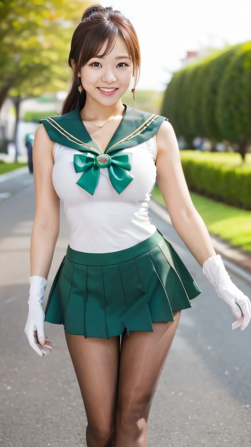 top quality、8k、 masterpiece、 ultra high resolution、Clear Photo、 Professional Lights 、 natural light、 by Nomi、 perfect anatomy、 one woman、baby face:1.8、Big Breasts、saggy breasts:1.4、 beautiful hair、smile、 muscles:1.3、sailor moon outfit、(( Sailor Jupiter))、(Green Sailor Suit、 sleeveless、 pink ribbon: 1.1、White Gloves、 green miniskirt)、( shiny pantyhose:1.2)、 stand and pose