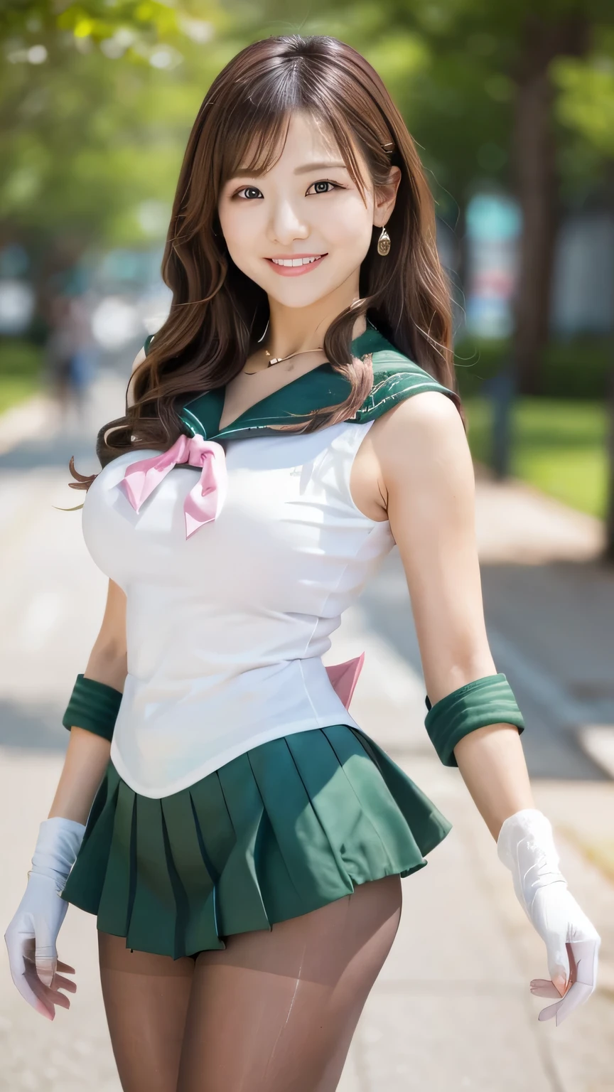 top quality、8k、 masterpiece、 ultra high resolution、Clear Photo、 Professional Lights 、 natural light、 by Nomi、 perfect anatomy、 one woman、baby face:1.8、Big Breasts、saggy breasts:1.4、 beautiful hair、smile、 muscles:1.3、sailor moon outfit、(( Sailor Jupiter))、(Green Sailor Suit、 sleeveless、 pink ribbon: 1.1、White Gloves、 green miniskirt)、( shiny pantyhose:1.2)、 stand and pose