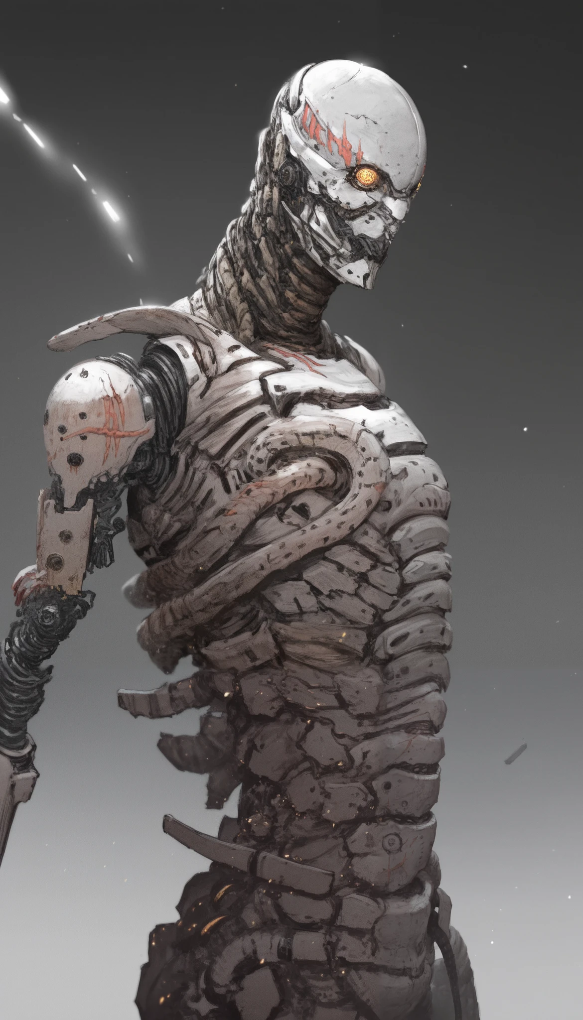 Blame style,manga, ( high quality, 4k, ultra-detailed , Realistic, bright colors , bokeh), Heavens, deep darkness , highly detailed, play of light and shadow , Particles , humanoid robot,ciborg,biocyborg ,1 Cyborg , dark, rangy, with an upright and threatening posture , covered in black armor and dark metal , futuristic combat suit , many details with a mix of advanced technology with biomechanical elements , face and head to skin very pale white and cracked with marked veins , scars marked on his face , leaving only his eyes and part of his forehead exposed , His eyes cut like a snake , dark and penetrating , adding a sense of danger and mystery , The character is covered with cables and mechanical components , especially on his arms and torso , The cables hang and are entangled around his body , giving an impression of technological and biomechanical complexity , there are articulated metal segments and technological pieces that look like part of an armor or exoskeleton,
