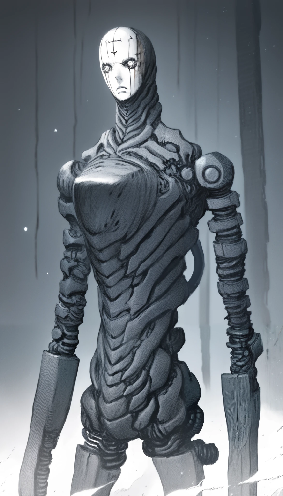 Blame style,manga, ( high quality, 4k, ultra-detailed , Realistic, bright colors , bokeh), Heavens, deep darkness , highly detailed, play of light and shadow , Particles , humanoid robot,ciborg,biocyborg ,1 Cyborg , dark, rangy, with an upright and threatening posture , covered in black armor and dark metal , futuristic combat suit , many details with a mix of advanced technology with biomechanical elements , face and head to skin very pale white and cracked with marked veins , scars marked on his face , leaving only his eyes and part of his forehead exposed , His eyes cut like a snake , dark and penetrating , adding a sense of danger and mystery , The character is covered with cables and mechanical components , especially on his arms and torso , The cables hang and are entangled around his body , giving an impression of technological and biomechanical complexity , there are articulated metal segments and technological pieces that look like part of an armor or exoskeleton,