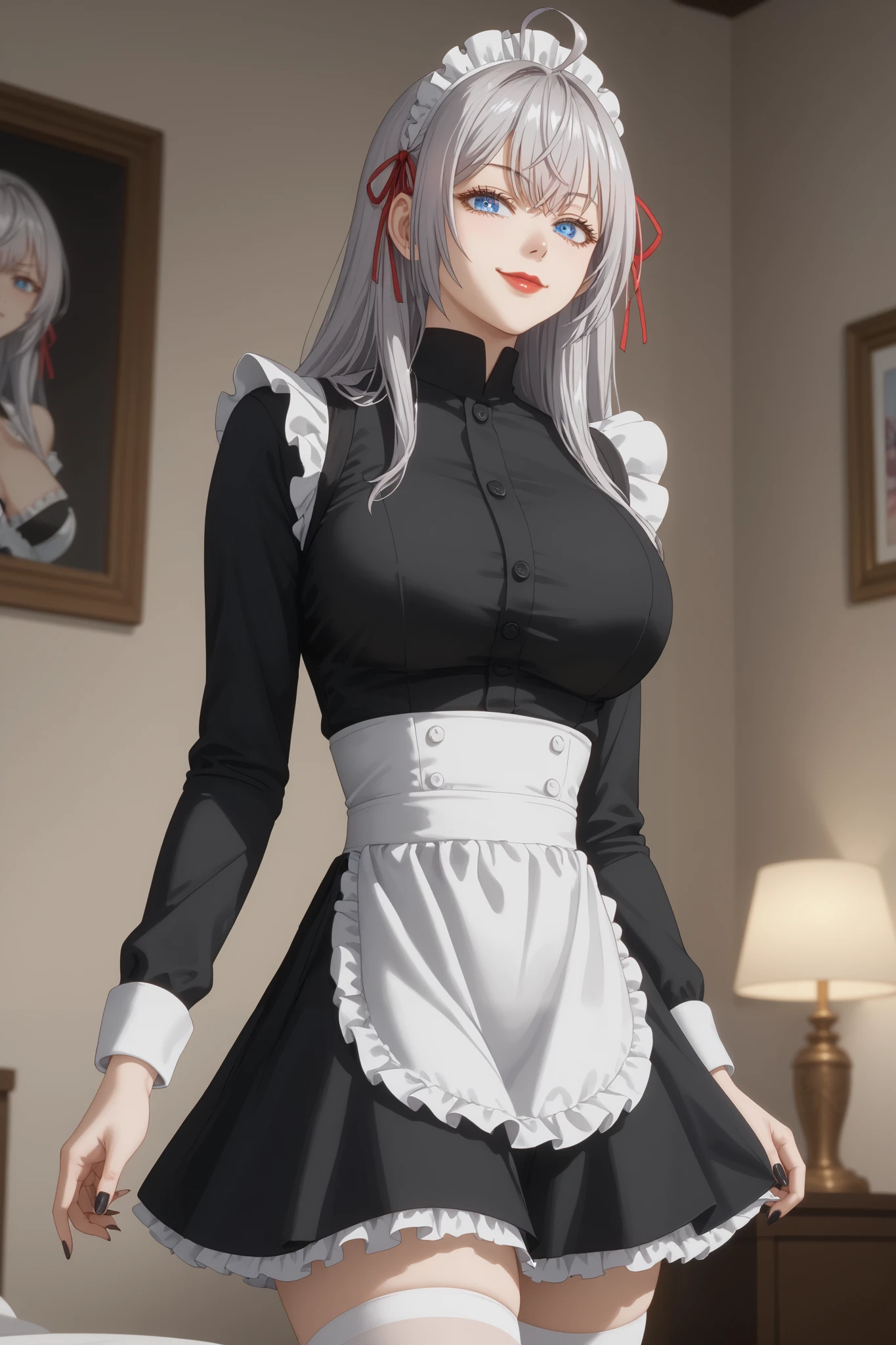 Girls, smile, red lips, fair skin, big tits, big breats, big ass, big butt, long hair, sexy body, thic body, beauty girls, maid costume, black and white maid costume colors, stocking, white stocking colors, nails, black nails colors, in bedroom background, sexy pose, ultra realistic graphic, gaze in the camera, gaze looking camera, looking camera, score_9, score_8_up, score_7_up, anime screencap, source_anime, 1girl, BREAK alisamikhailovnakujou, long hair, gray hair, ahoge, crossed bangs, blue eyes, hair ribbon, red ribbon, pale skin, AlyaSchool, buttons, long sleeves, white thighs, smug, looking at viewer, detailed close-up, extremely detailed eyes, (Beautiful and big breasts: 1.2), big breasts,