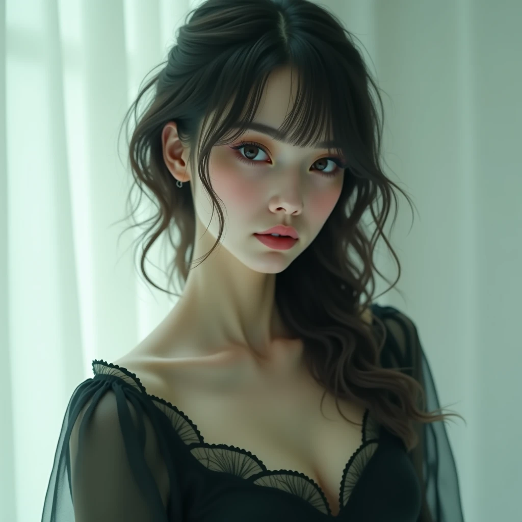 Highest quality, masterpiece, Ultra-high resolution, (Realistic:1.5), RAW Photos, 1 Girl, ((( In the Dark, Deep Shadow))), secret key, Cold Light,Dimly lit room、 ((Sexy Looks)), Small breasts、Black lace bra、