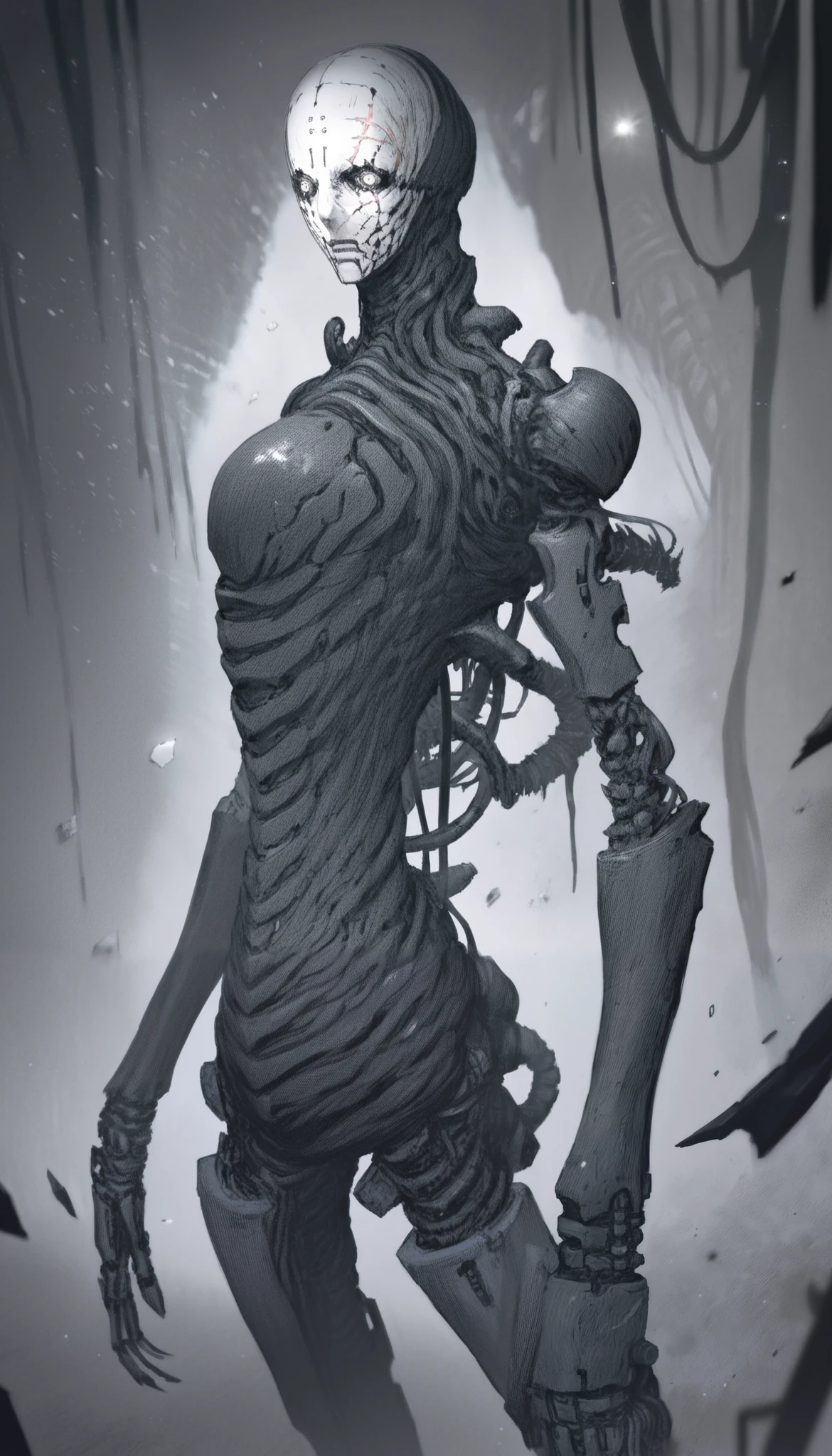 Blame style,manga, ( high quality, 4k, ultra-detailed , Realistic, bright colors , bokeh), Heavens, deep darkness , highly detailed, play of light and shadow , Particles , humanoid robot,ciborg,biocyborg ,1 Cyborg , dark, rangy, with an upright and threatening posture , covered in black armor and dark metal , futuristic combat suit , many details with a mix of advanced technology with biomechanical elements , face and head to skin very pale white and cracked with marked veins , scars marked on his face , leaving only his eyes and part of his forehead exposed , His eyes cut like a snake , dark and penetrating , adding a sense of danger and mystery , The character is covered with cables and mechanical components , especially on his arms and torso , The cables hang and are entangled around his body , giving an impression of technological and biomechanical complexity , there are articulated metal segments and technological pieces that look like part of an armor or exoskeleton,