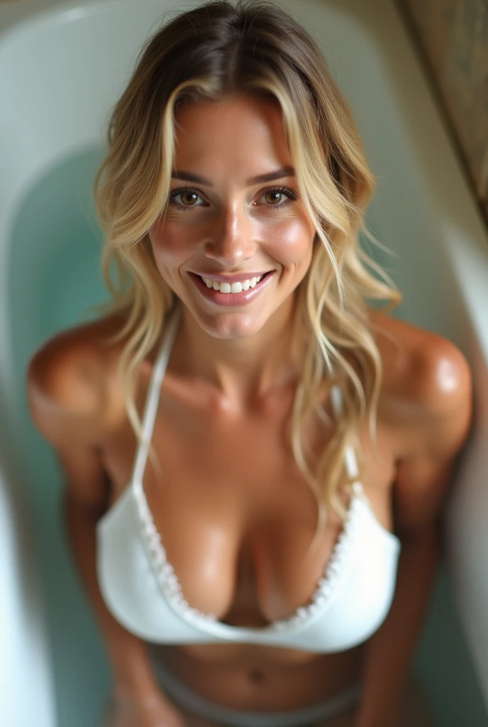 masterpiece, best quality, extremely detailed, hyperrealistic, photorealistic, a beautiful 20 years old women, no bra, taking shower, ultra detailed face, bob cut, blonde hair, pale skin, big natural breasts, perky nipples, laughing, full body photo