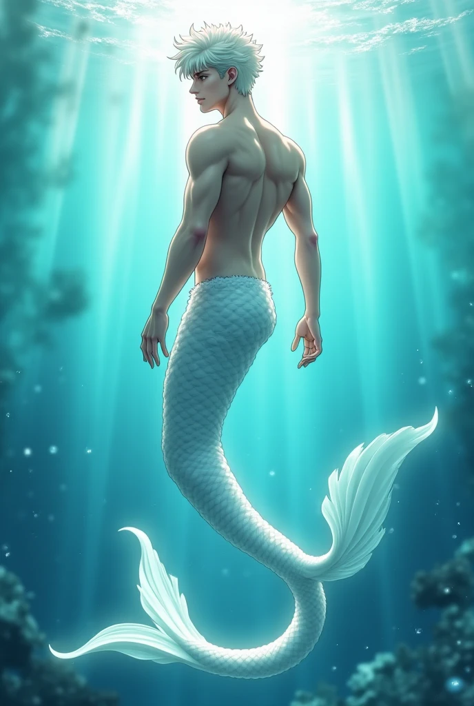 Homme-poisson, musclée et beau, avec des écailles blanche nacrés sur tout son corps , Oreilles d'elf , nageoire caudale et dorsale visible, cheveux semi long
