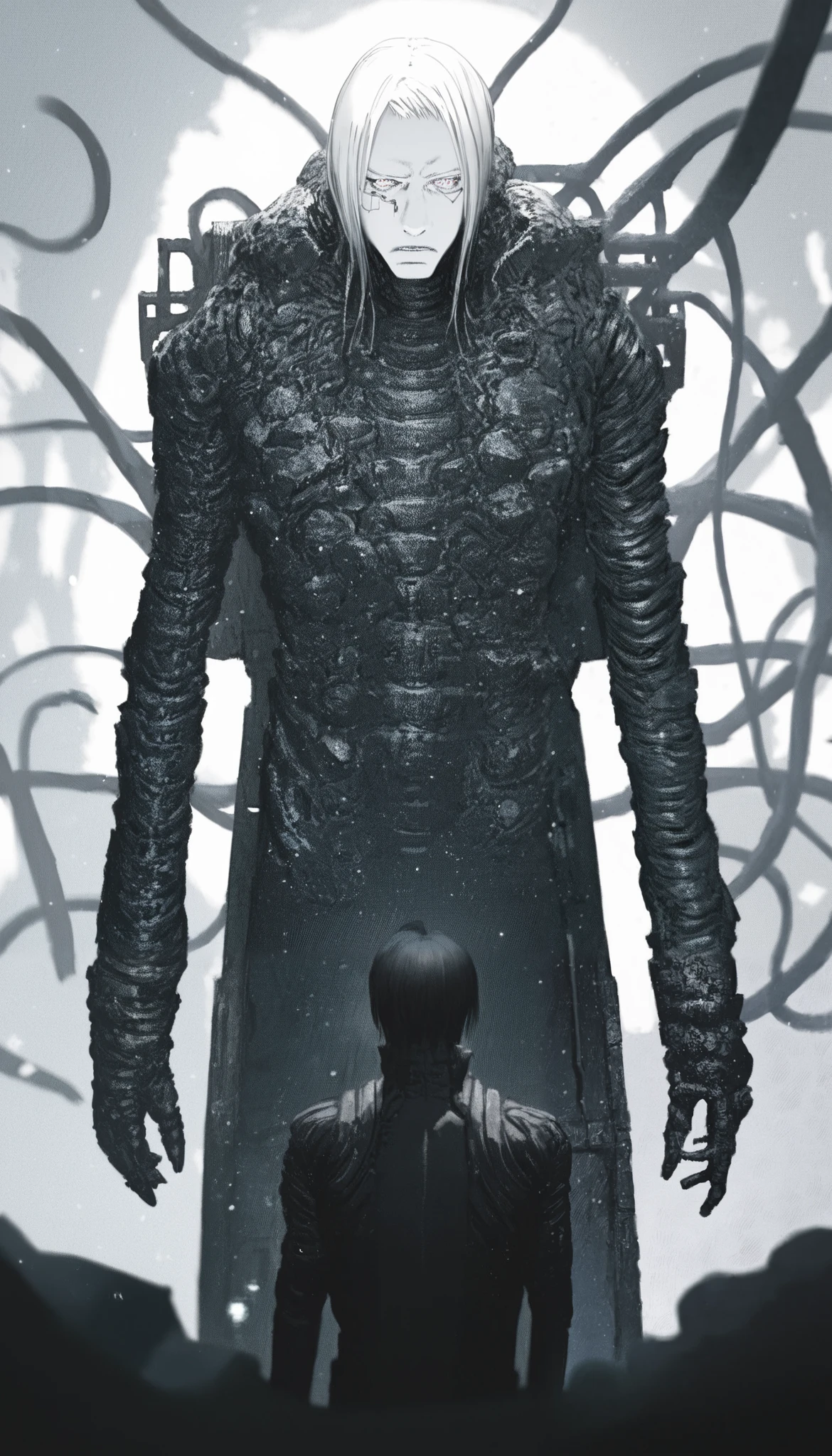 Blame style,manga, (  high quality, 4k,  ultra-detailed  ,  Realistic,  bright colors  , bokeh),  Heavens,  deep darkness  , highly detailed,  play of light and shadow  ,  Particles ,  1 number, Alone,  looking forward, iron chair , black throne ,  black suit,  black stripe on the face ,  a closed eye ,  arms on the sides ,   white hair,  disheveled,  cyberpunk ,  serious and thoughtful face , intimidating,  Simple background ,  White background with cables falling ,  Adult man,  looking at the ground , dark aura, ( black line on the face ), ( arms resting on the throne)