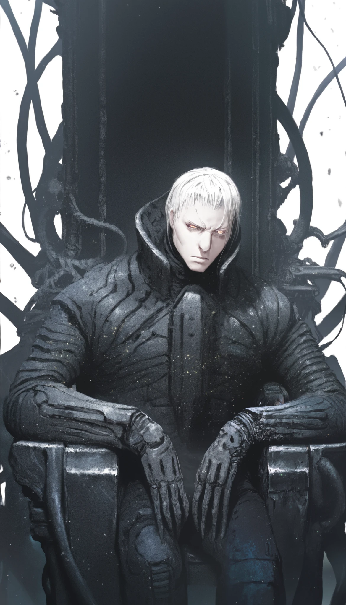 Blame style,manga, ( high quality, 4k, ultra-detailed , Realistic, bright colors , bokeh), Heavens, deep darkness , highly detailed, play of light and shadow , Particles , 1 number, Alone, looking forward, iron chair , black throne , black suit, black stripe on the face , a closed eye , arms on the sides , white hair, disheveled, cyberpunk , serious and thoughtful face , intimidating, Simple background , White background with cables falling , Adult man, looking at the ground , dark aura, ( black line on the face ), ( arms resting on the throne)