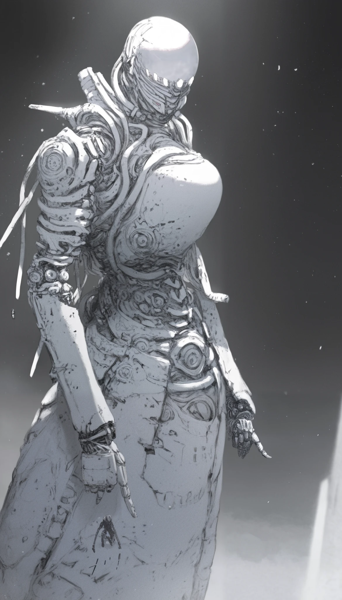 Blame style,manga, (  high quality, 4k,  ultra-detailed  ,  Realistic,  bright colors  , bokeh),  Heavens,  deep darkness  , highly detailed,  play of light and shadow  ,  Particles , humanoid robot,ciborg,biocyborg ,1 , Alone,   three-quarter profile  ,  Detailed background well integrated into the image.,  by Tintanfall  ,  glowing white eyes , cuerpo completo, Light armor,   white hair,  cyberpunk ,  sword pointing to the ground , white coat,  holding a sword stuck in the ground ,  sword engraved in black and white ,  Background of a castle entrance , full  by Tintanfall  ,  white futuristic helmet ,  Standing posture leaning on the sword , Adjusted armor, dark aura,  White mechanical arm , 
