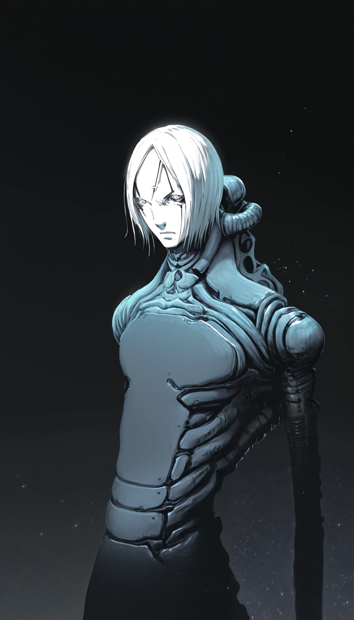 Blame style,manga, ( high quality, 4k, ultra-detailed , Realistic, bright colors , bokeh), Heavens, deep darkness , highly detailed, play of light and shadow , Particles , 1 number, Alone, looking forward, iron chair , black throne , black suit, black stripe on the face , a closed eye , arms on the sides , white hair, disheveled, cyberpunk , serious and thoughtful face , intimidating, Simple background , White background with cables falling , Adult man, looking at the ground , dark aura, ( black line on the face ), ( arms resting on the throne)