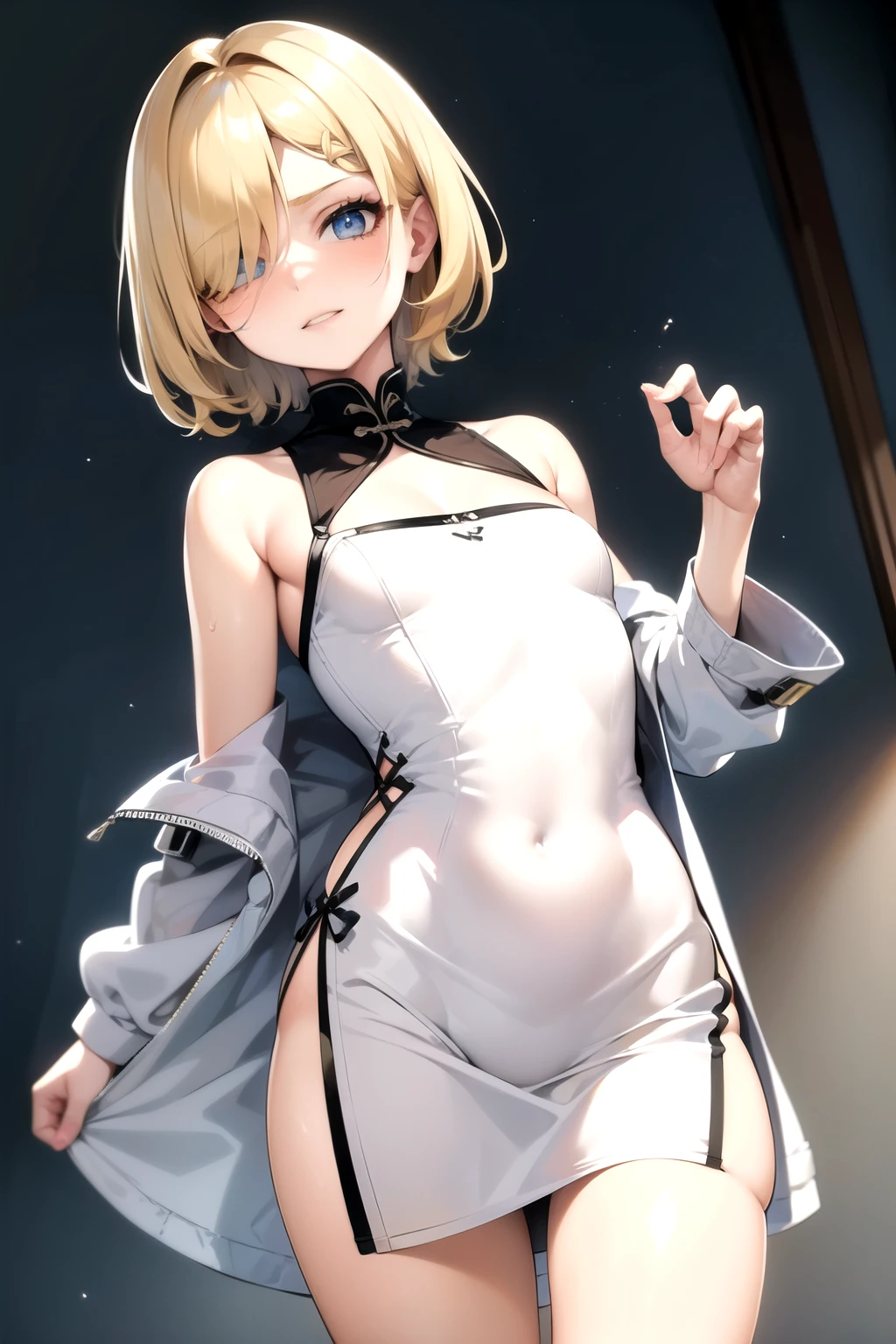 Young ager girl, short size, short hair, blonde, hair over one eye, blue eyes, bright white skin, Chinese dress, open trench coat, narrow eyes, smug, flat chested.