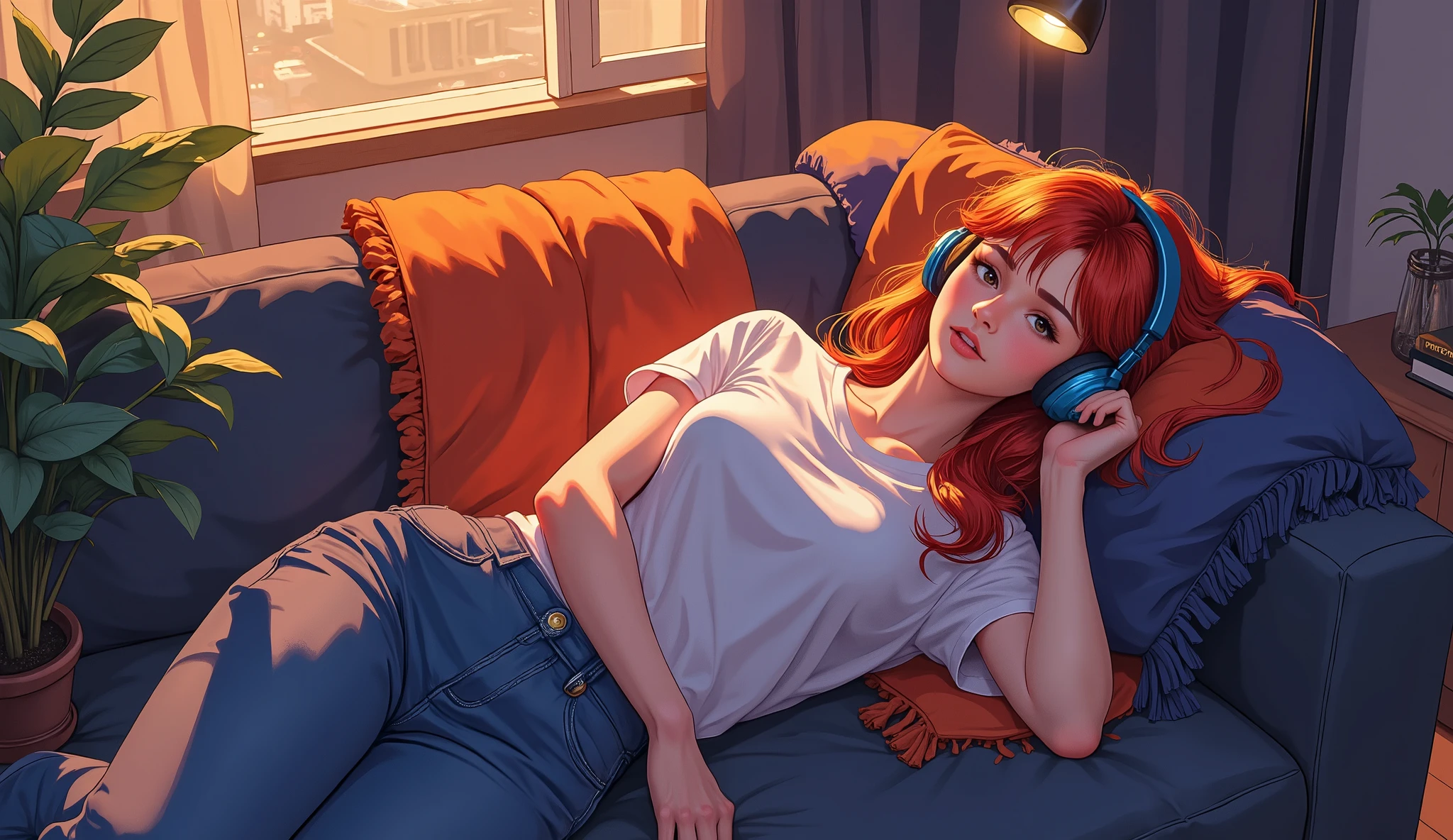 Relaxing scene, red-haired anime girl in casual clothes lying comfortably on a modern sofa, wireless headphones on, evening mood, soft lighting from window and desk lamp. Cozy room interior with throw blanket, decorative pillows, ghibli inspired art style, warm orange and deep blue color scheme, gentle shadows. Portrait, View from the top
