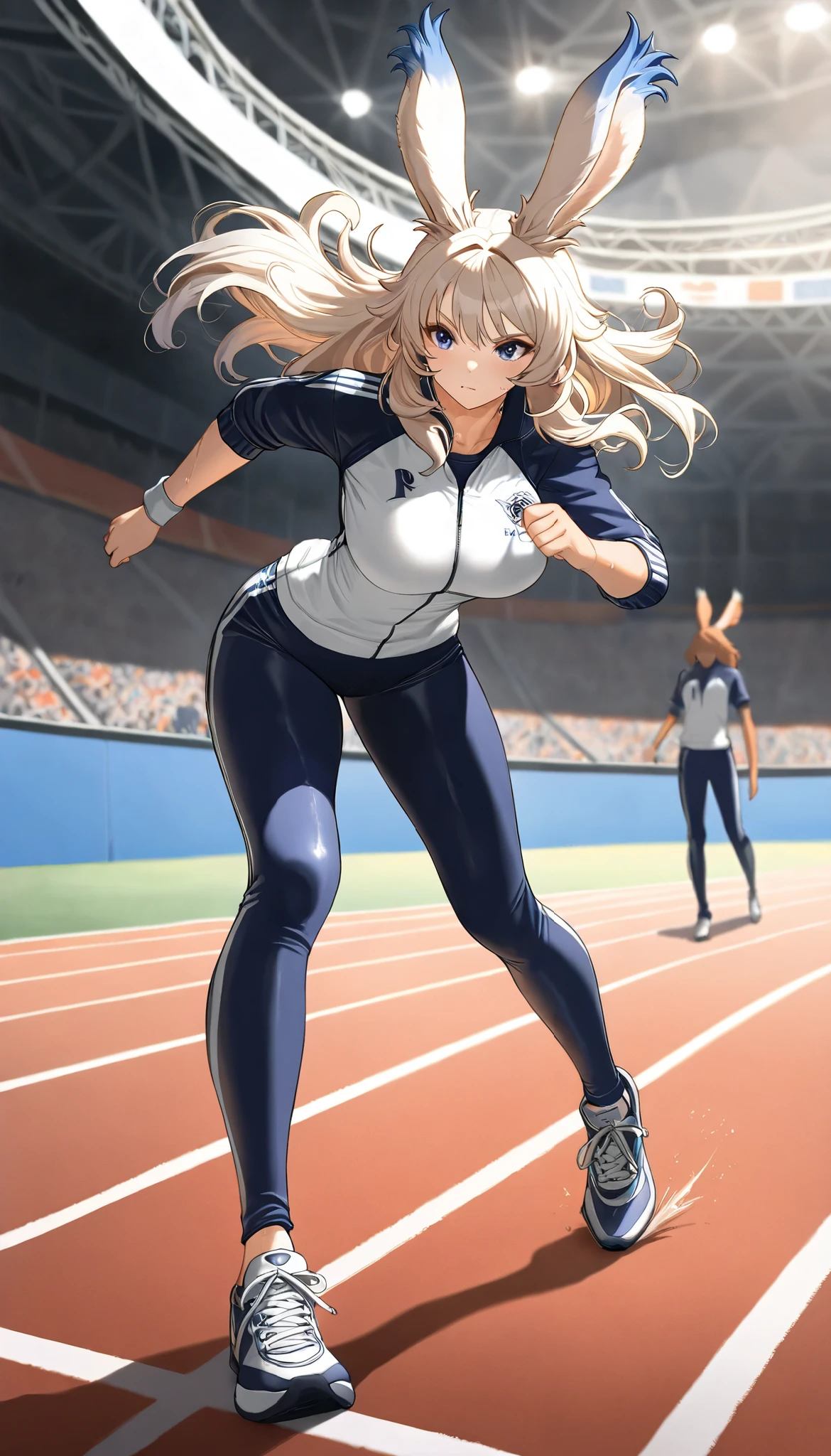 (((( Masterpiece)))), (((( TOP QUALITY)))), high resolution,fine grain, detailed face, depiction of a face expressed in great detail, Detailed Eyes 、Detailed faces、Hair drawn down to the smallest detail 、Sparkling Skin、sweat、viera, Athletes , Uniforms, , action, big uplifted , full body shot ,