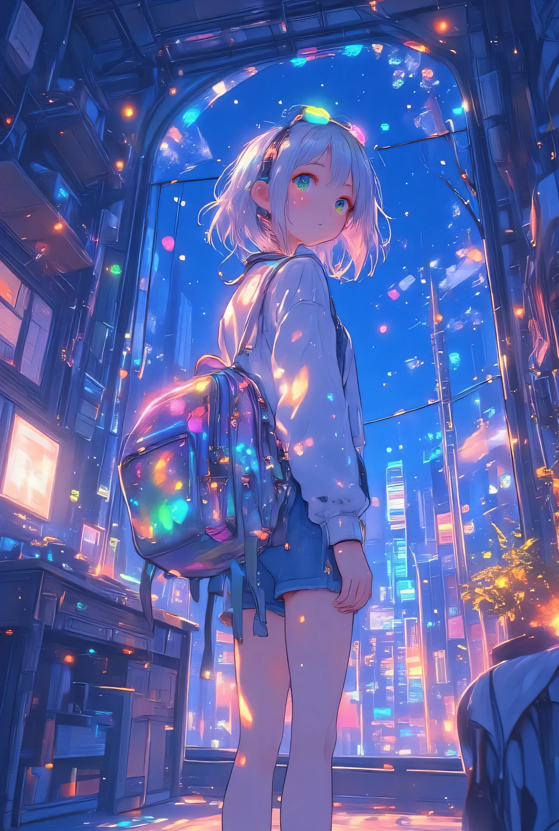 anime artwork , front view, A girl with silver hair and colorful sunglasses on her head looks at viewers and turns her back, she has a backpack on her back , It happens in the middle of the night in her modern bedroom , a portal to another world is open in her room