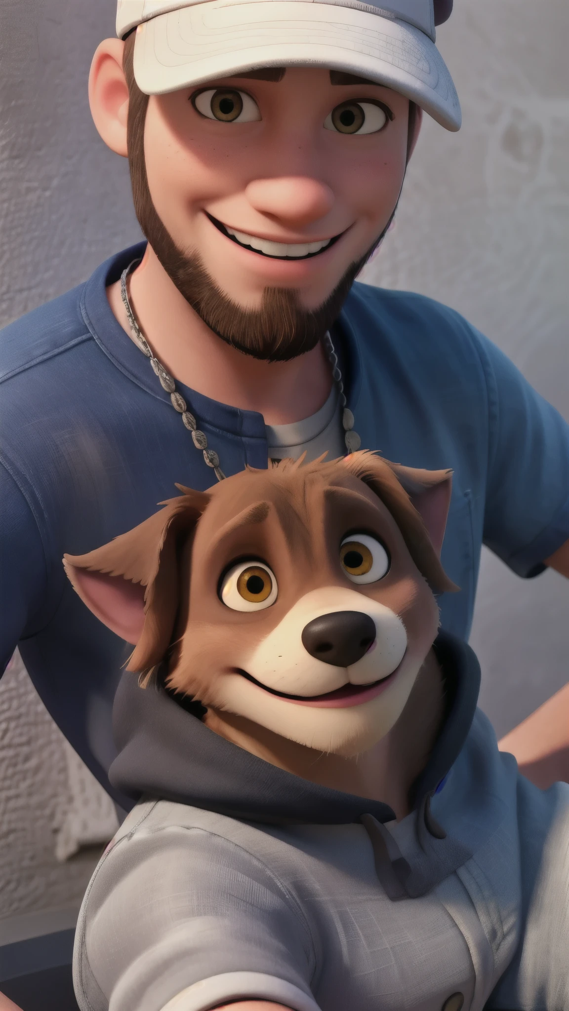 Un joven con gorra y un perro pitbull blanco al estilo Disney pixar