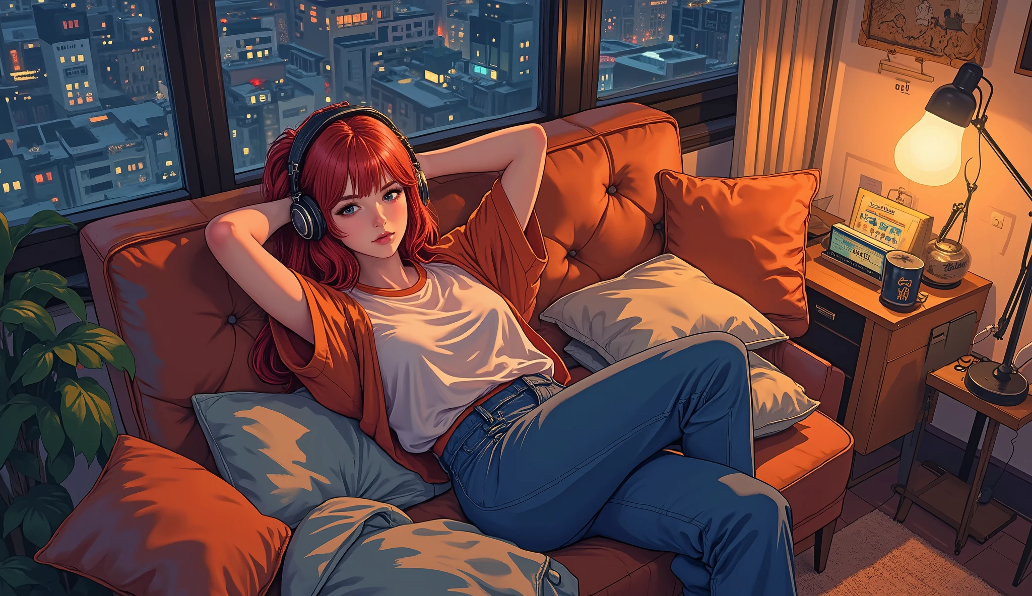 Relaxing scene, red-haired anime girl in casual clothes lying comfortably on a modern sofa, wireless headphones on, evening mood, soft lighting from window and desk lamp. Cozy room interior with throw blanket, decorative pillows, ghibli inspired art style, warm orange and deep blue color scheme, gentle shadows. Portrait, View from the top