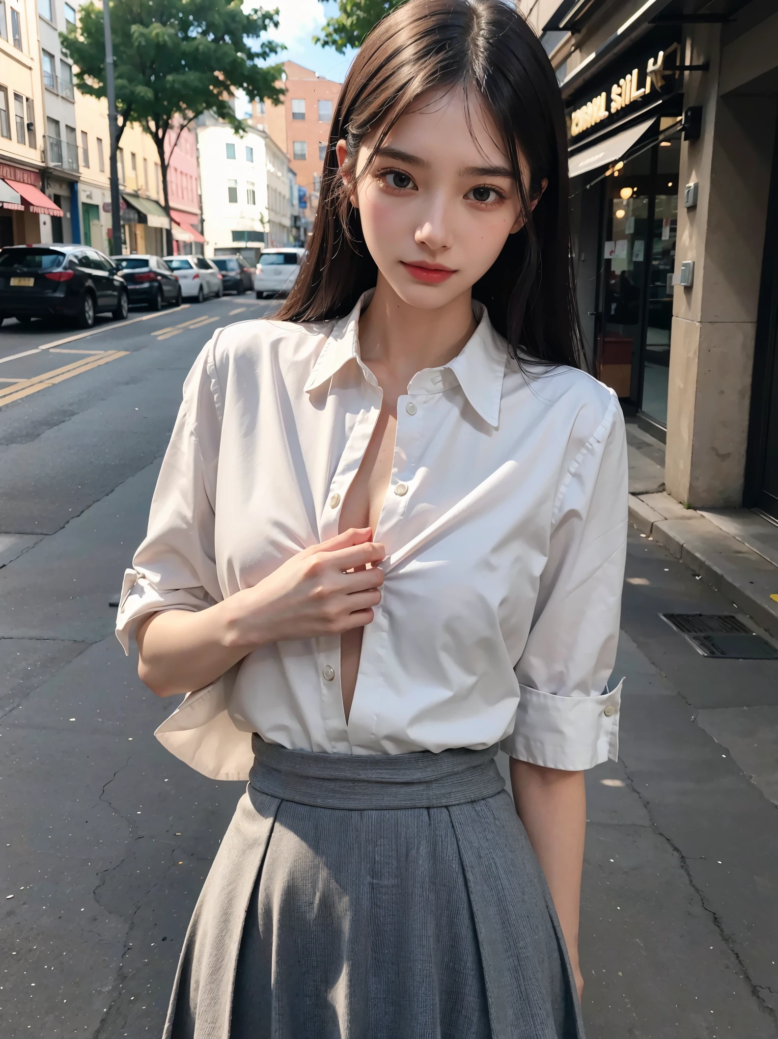 ((16K quality、highest quality, It is high resolution., Real photo))、 (Ultra-realistic、Photorealistic)、((Long Shot、Standing full-body portrait))、(((A cute office lady doing the splits standing on the street in Tokyo)))、(((standing_split、I-shape balance、raise one leg high above your head、Extend your knees and raise your legs、Grab the raised leg with one hand、The hem of the black skirt rolls up)))、(((high kick panty shot、Her white panties are visible from under her rolled up black skirt)))、(((Business ladies suits、White blouse、Black tight skirt、Beautiful legs)))、((Pure white high cut high leg panties))、(Sharp V-zone)、 (( Beautiful golden shiny hair、Semi-long hair、Put one ear out ))、((Blonde:1.5))、(F cup big breasts)、(((Stargazing、Open your mouth)))、 (((Ecstatic facial expression、A face full of pleasure、Climax、Drooping eyebrows and corners of the eyes)))、Embarrassing、((blue eyes))、((Black tight skirt))、High heel pumps、choker、Beautiful legs、(Big eyes、No makeup、Very beautiful and subtle makeup, Light makeup,)、Perfect body、Perfect hands、Perfect Fingers、Detailed and beautiful thin lips、A clear, beautiful face and well-proportioned eyes、Highly detailed eyes and face、A neat nose、Thin eyebrows、(Perfect Eyes) Border Light、Realistic Light、 (Soft Light, High quality, Smooth and sharp, 10x pixelation, Beautiful eyeshadow), Cute round face, Plump thighs、Accentuate your thighs、Hairstyle with bangs、Slender body、slim、Light-reflecting skin、Model Body Type、Detailed fingers、Beautiful Eyes、Long eyelashes、8Head to Body、Low - Angle、The light reflected in your eyes、Smaller face、double eyelid、Big Eyes、Lip gloss、Looking away、Background blur、Movie lighting from the front、Light on face