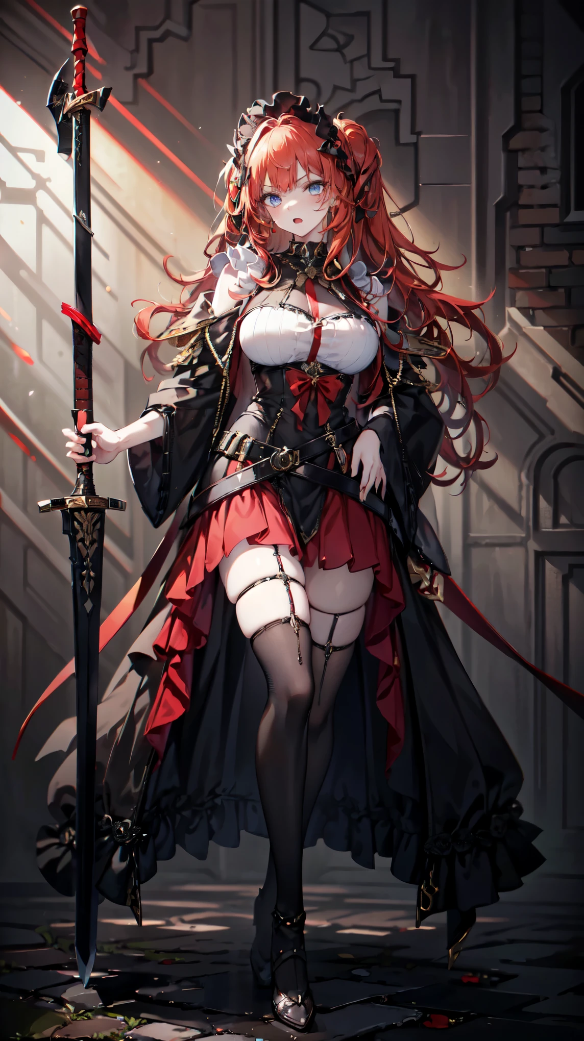 (masterpiece, best quality), High resolution, distinct image, (1girl), (solo), (female Focus), (fullbody), Angry, open mouth, determined, fighting, Sword, holding a sword, close up, AdultEris, (long red hair 1.4), (blue eyes), (eyelashes), (large breasts 1.2), dark background, oficial art, metallic portrait,
