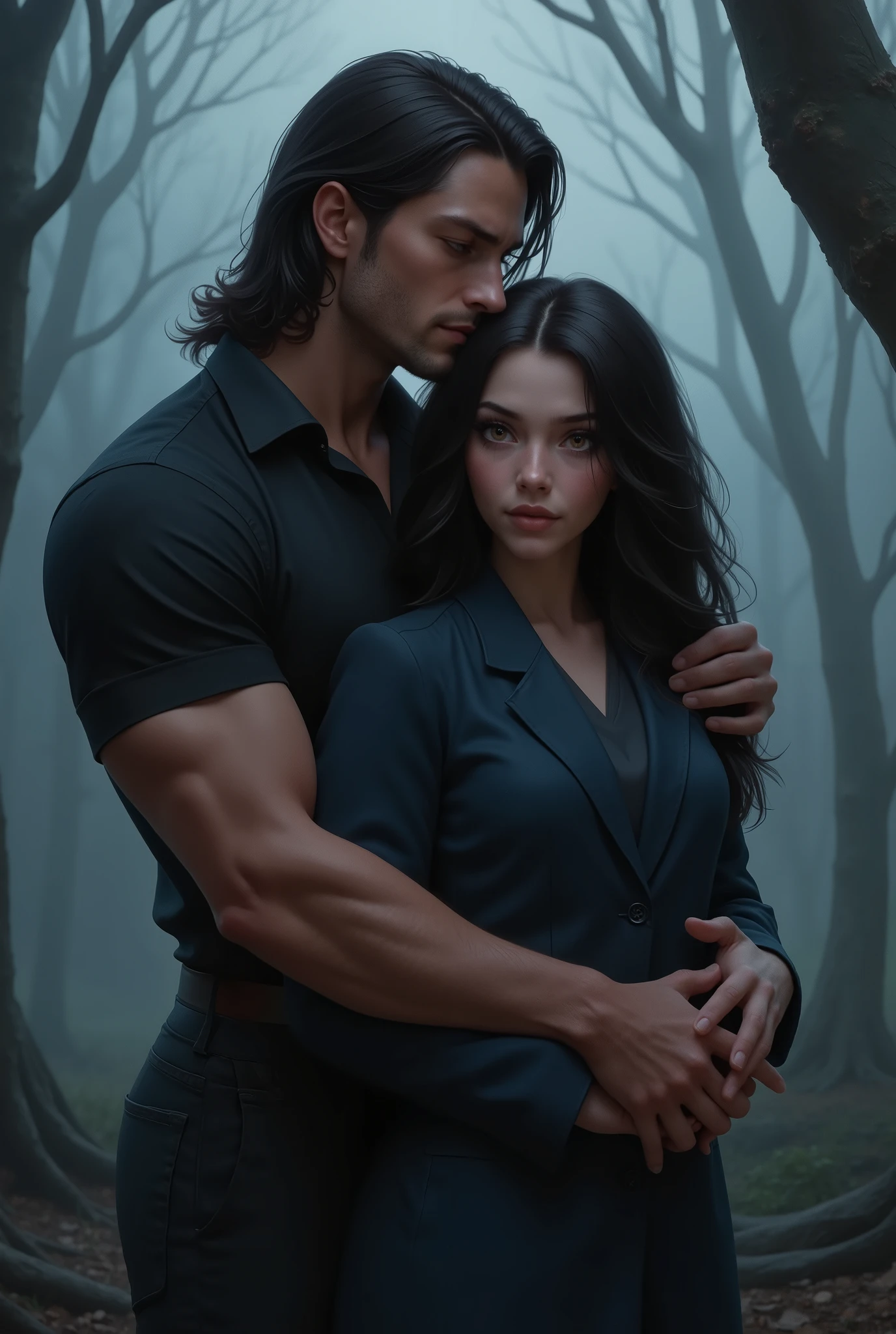 couple, 30-year-old man, tall, strong and muscular, he has black hair that goes down to the nape of his neck, his hair is thrown back with a lock of hair falling over his forehead, thick eyebrows and a deep gaze, his eyes are brown, he has fair skin, his jaw is well defined, he is wearing a black button-down shirt rolled up to the elbows, and black dress pants, he is behind the woman hugging her with one hand on her head, the woman is 25 years old, dark wavy hair, amber brown eyes almost golden, she is looking forward, with one hand she holds his arm that was hugging her, she is wearing a closed dark blue coat and jeans. the background is a foggy forest