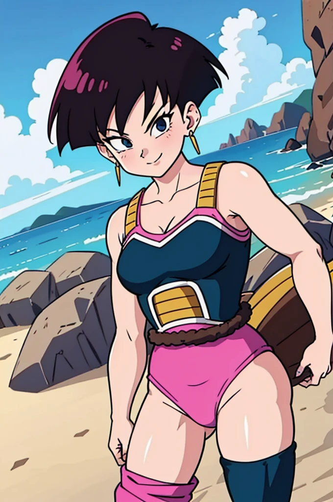 (masterpiece, best quality), fasha, 1 girl, solo, black eyes, black hair, short hair, spiked hair, earrings, saiyan armor, pink leotard, black pantyhose, bare shoulders, standing up, beach background, blue skies, smiling, seductive, cowboy shot