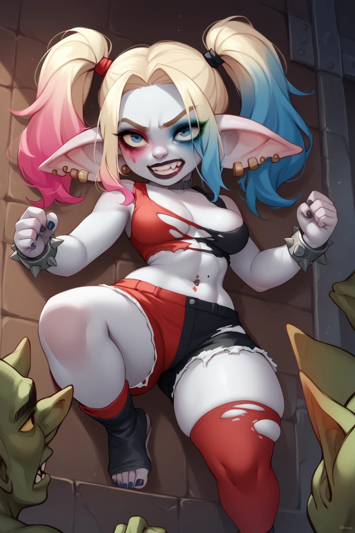 one elf girl, upper body, legs, white hair, pale eyes, bob cut, sharp teeth, big lips, small nose, choker, NSFW, abs, white skin, open breasts, nude, smile, standing, hairy pussy