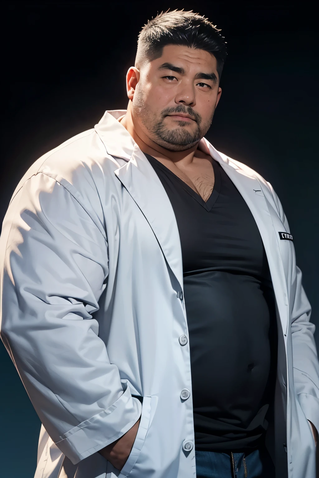 highest quality,masterpiece,1man,Doctor,fat japanese uncle,55year old middle-aged man,black under cut hair,((Long-sleeved Lab coat)),blue jeans,Thick eyebrows,short black beard,(very muscular),dark skin,Wrinkle-free face,(white background), Surrealism, Panorama, 8k,detail hands,upper body portrait,Slightly fleshy face,looking at viewer,small eyes,single eyelid,black tank top